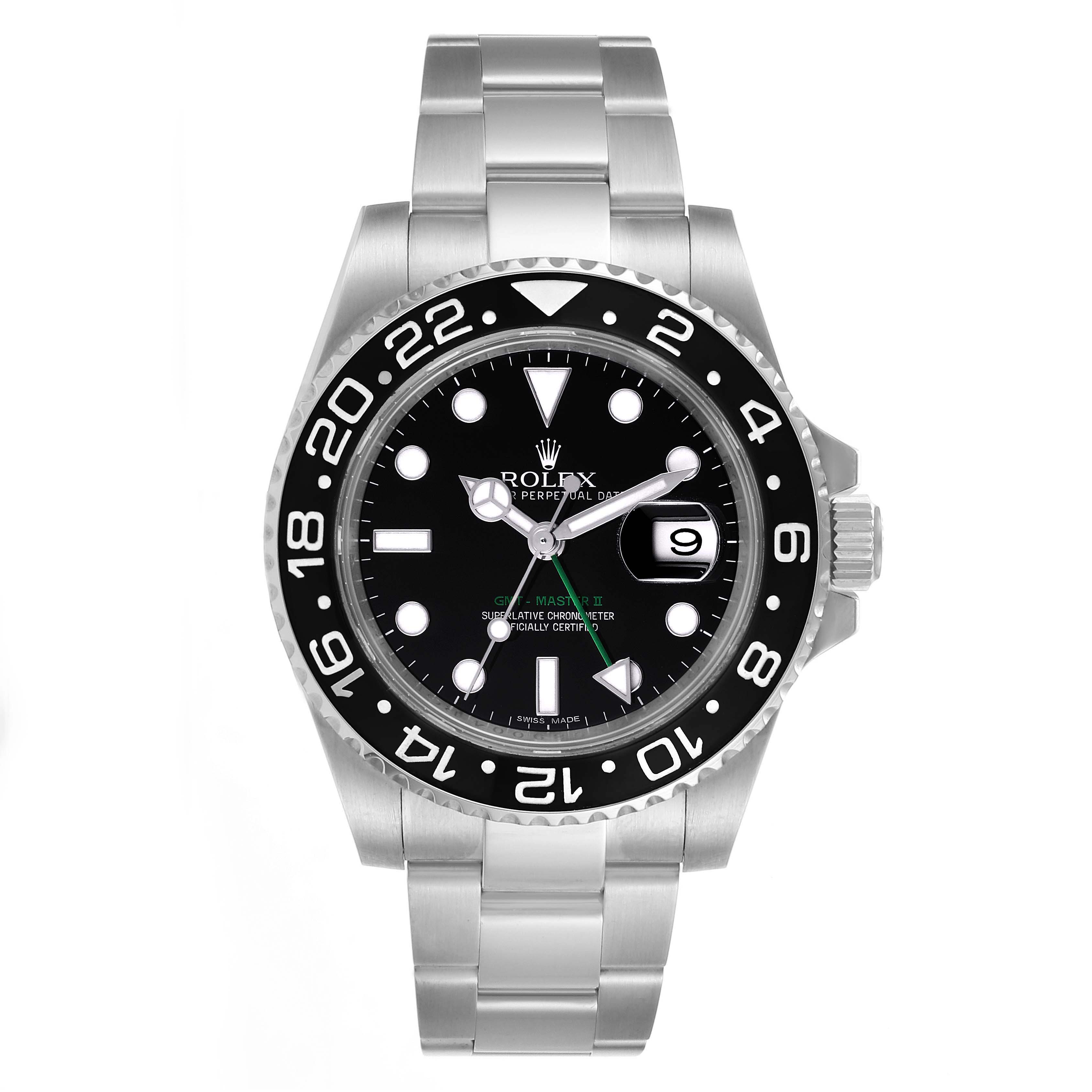 The image shows a front view of a Rolex GMT-Master 116710 Men's Stainless Steel Black Dial 116710 Men's Stainless Steel Black Dial watch, focusing on the face, bezel, and part of the bracelet.
