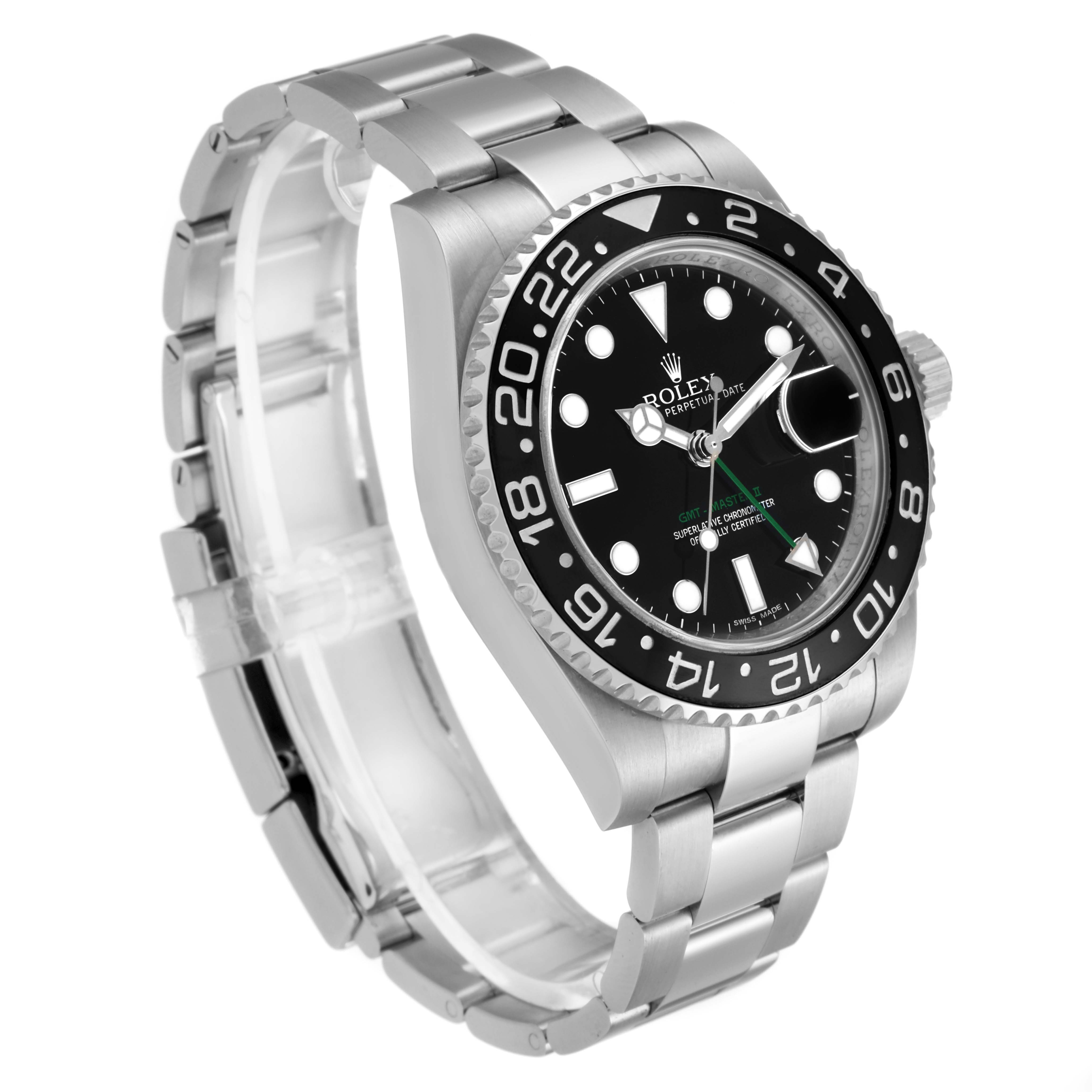 The Rolex GMT-Master 116710 Men's Stainless Steel Black Dial 116710 Men's Stainless Steel Black Dial watch is shown at an angle showcasing the face, bezel, case, and bracelet.