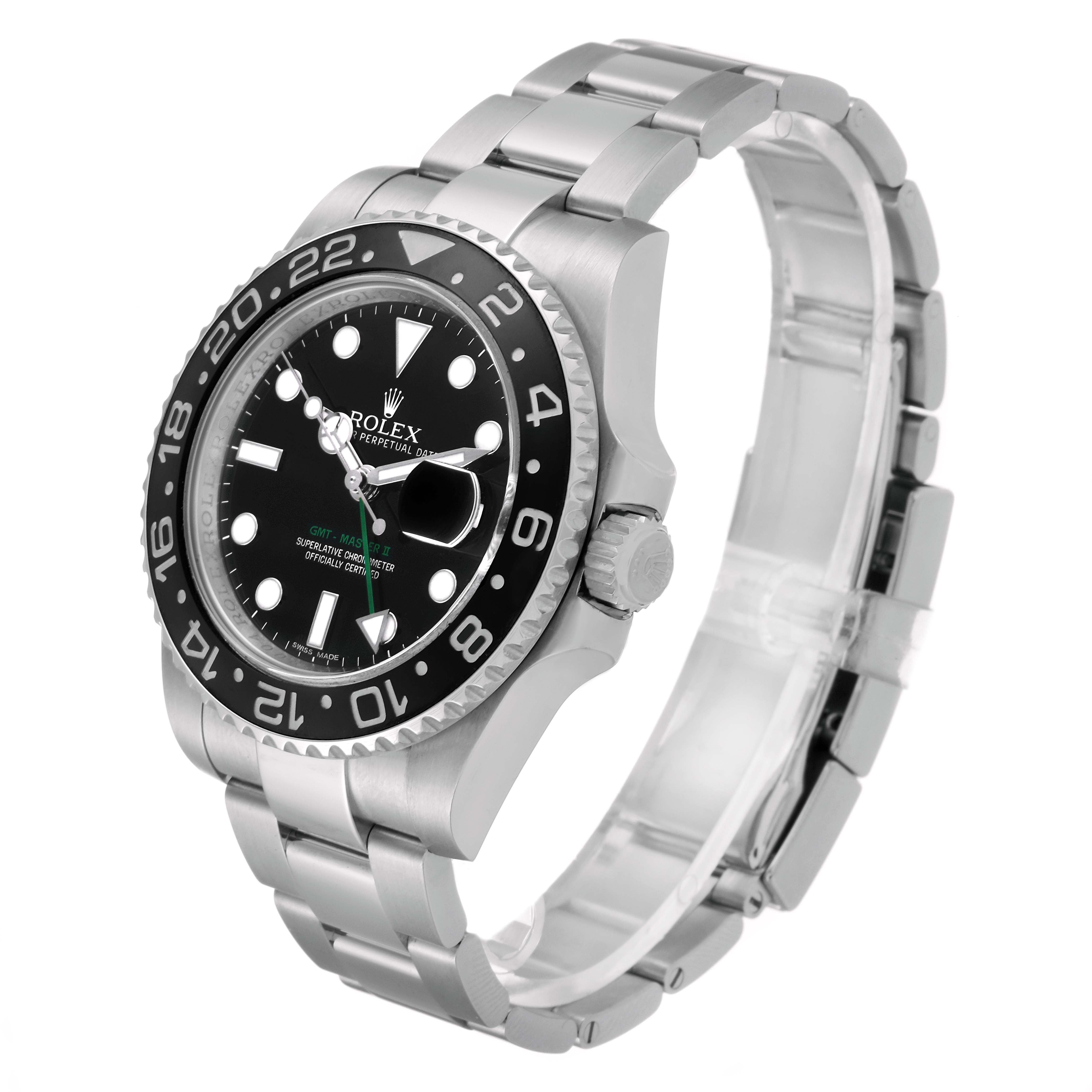 This image shows a Rolex GMT-Master 116710 Men's Stainless Steel Black Dial 116710 Men's Stainless Steel Black Dial watch at a three-quarters angle, highlighting the face, bezel, crown, and bracelet.