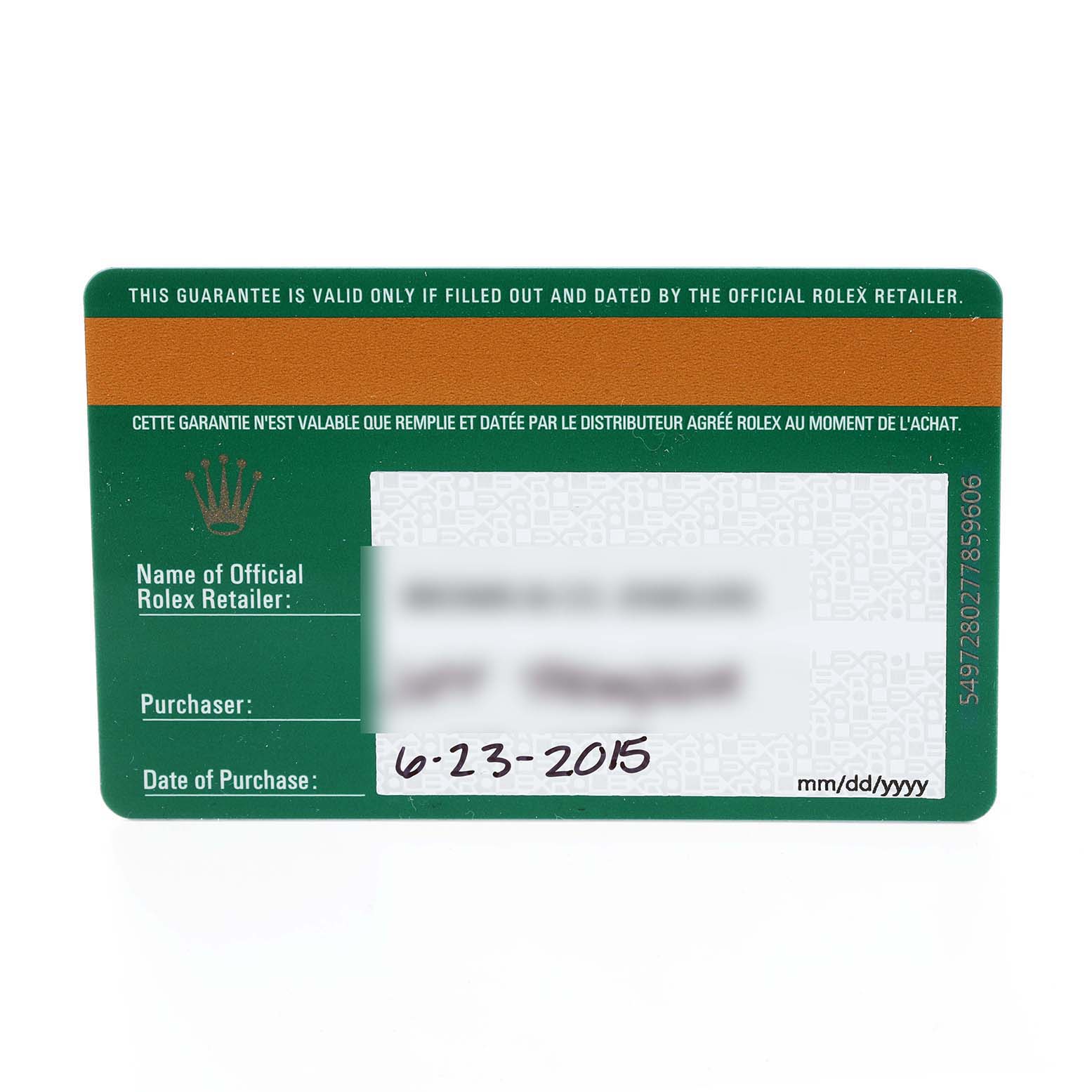 The image shows a guarantee card for a Rolex GMT-Master 116710 Men's Stainless Steel Black Dial 116710 Men's Stainless Steel Black Dial watch, including retailer, purchaser, and date of purchase information.