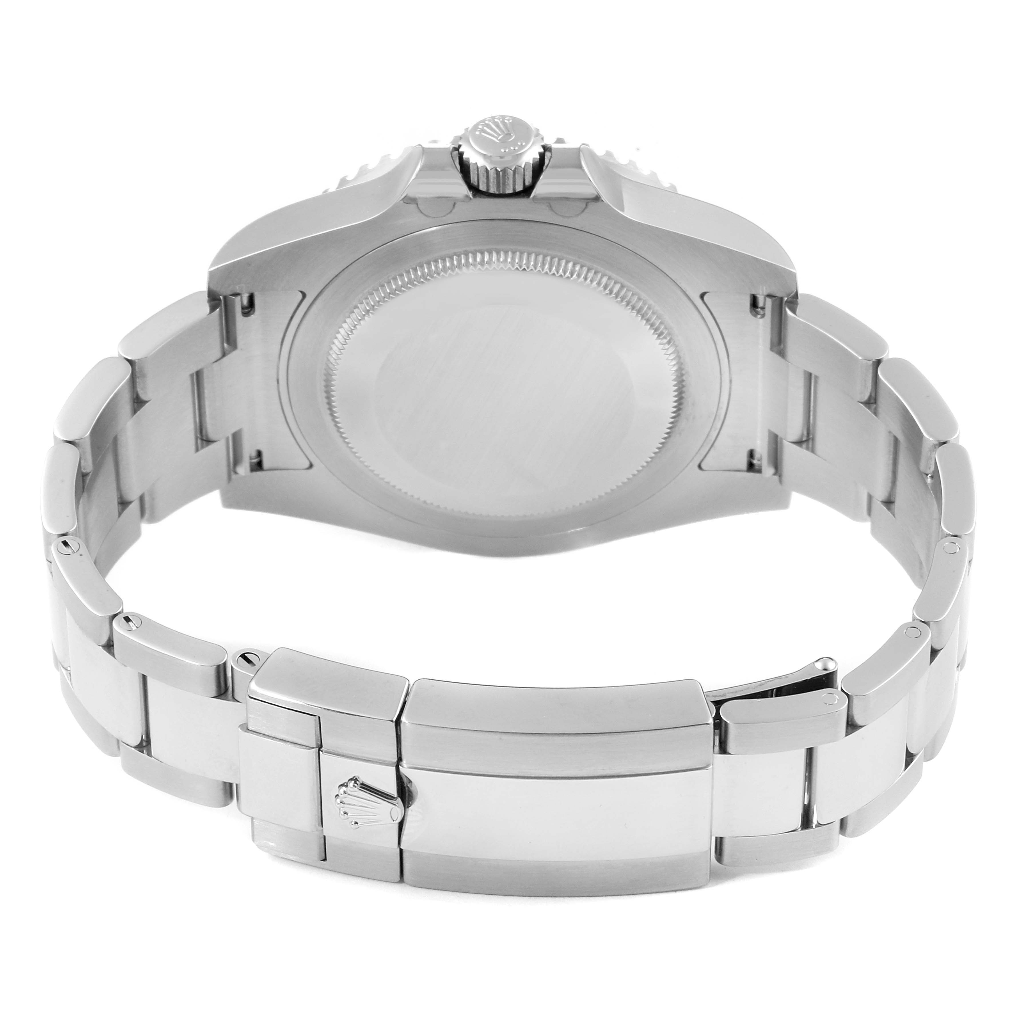 The image shows the back view of the Rolex GMT-Master 116710 Men's Stainless Steel Black Dial 116710 Men's Stainless Steel Black Dial watch, highlighting its caseback and stainless steel bracelet with the clasp.