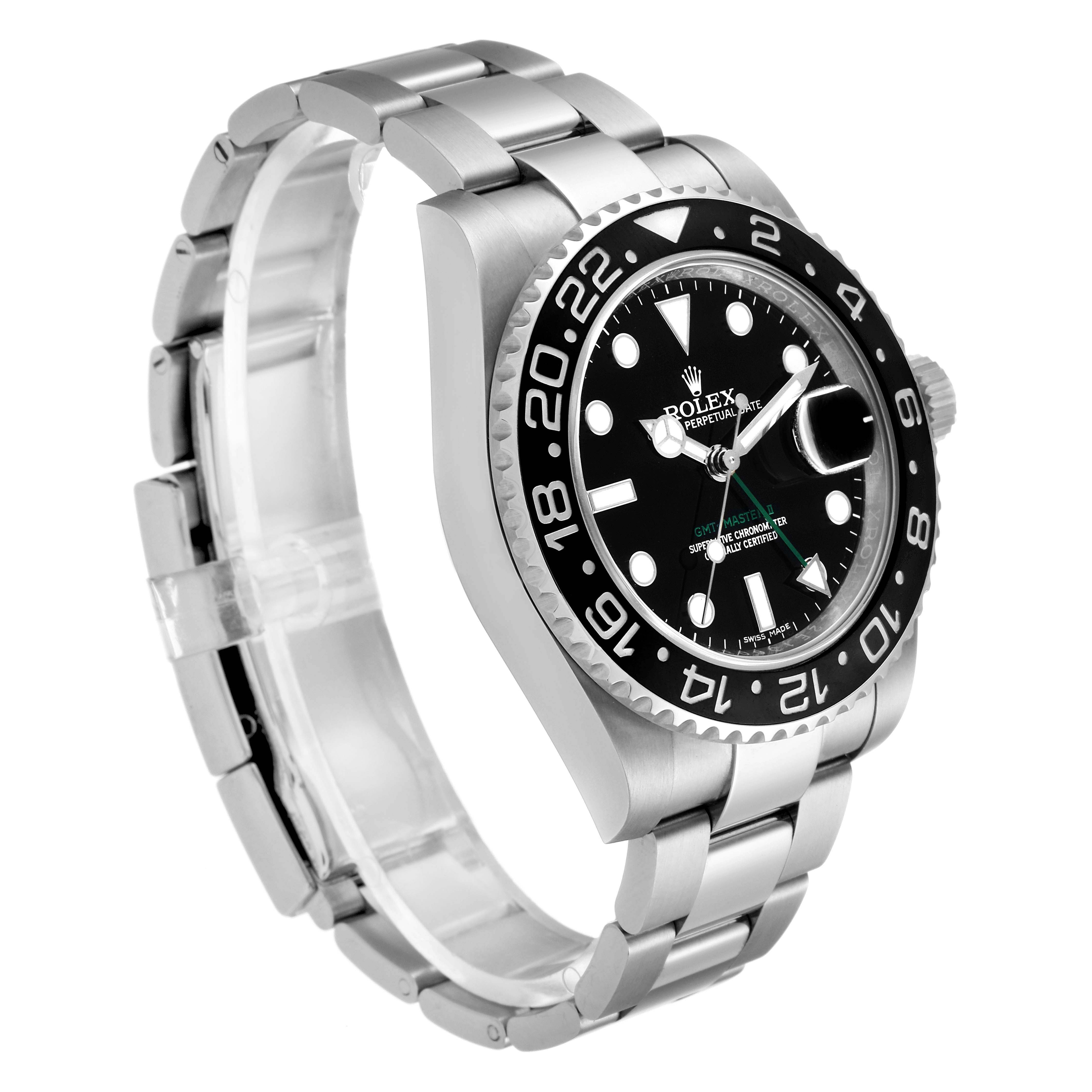 This image shows a side angle of a Rolex GMT-Master 116710 Men's Stainless Steel Black Dial 116710 Men's Stainless Steel Black Dial watch, highlighting its bezel, dial, and stainless steel bracelet.