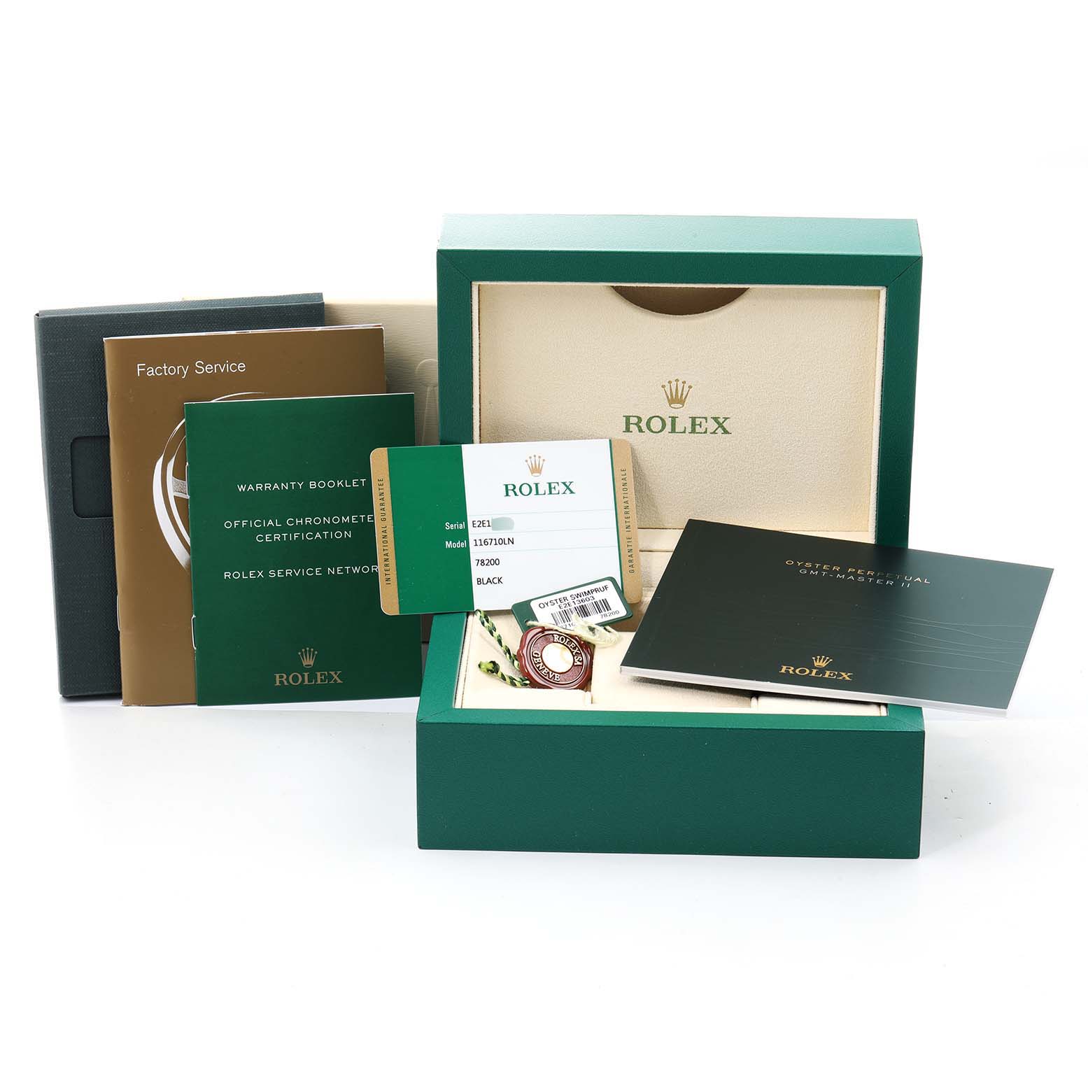 This image shows a Rolex GMT-Master 116710 Men's Stainless Steel Black Dial 116710 Men's Stainless Steel Black Dial watch's box, warranty booklet, certification, and other official documents.