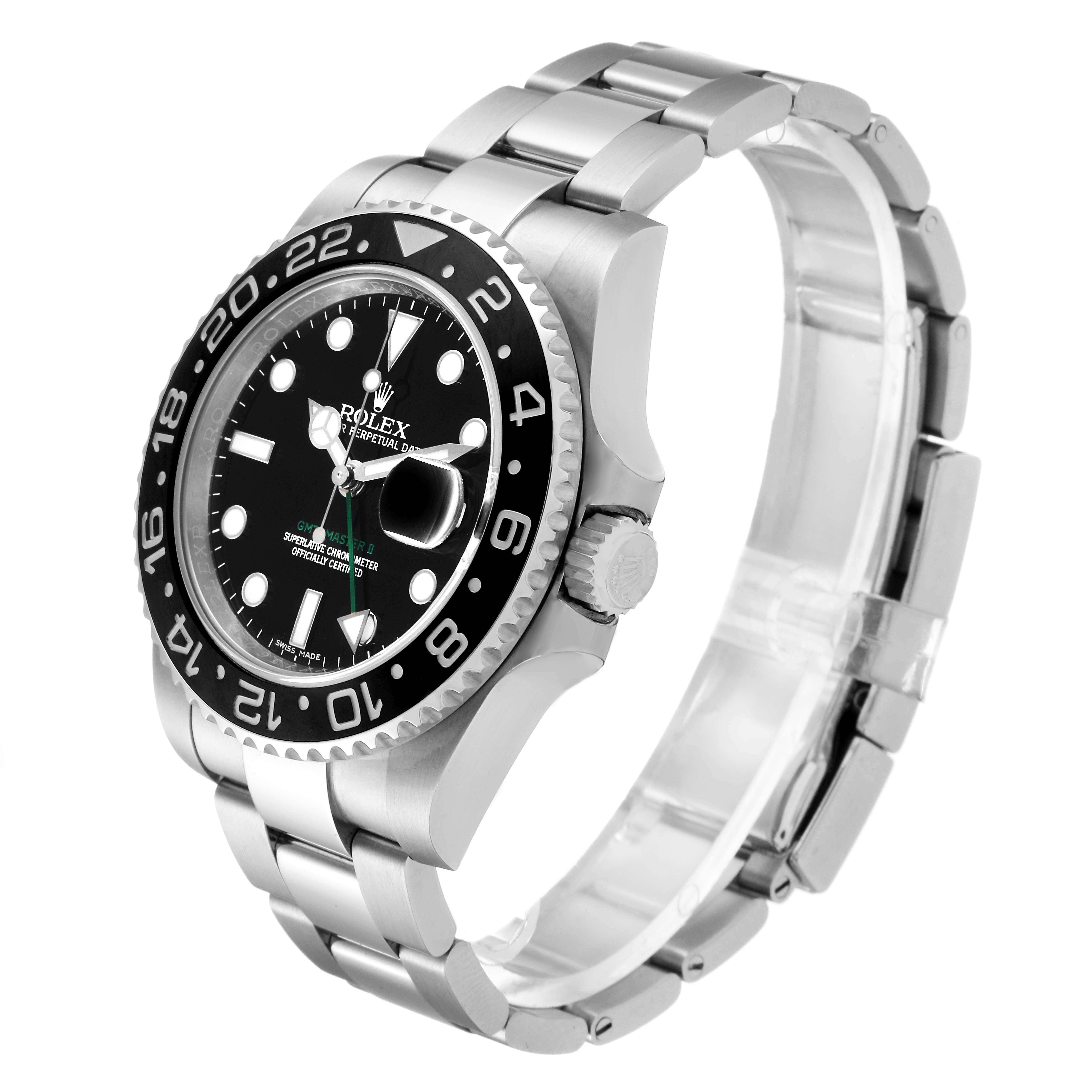 The image shows a Rolex GMT-Master 116710 Men's Stainless Steel Black Dial 116710 Men's Stainless Steel Black Dial watch angled from the front-right, displaying the face, bezel, crown, and part of the bracelet.