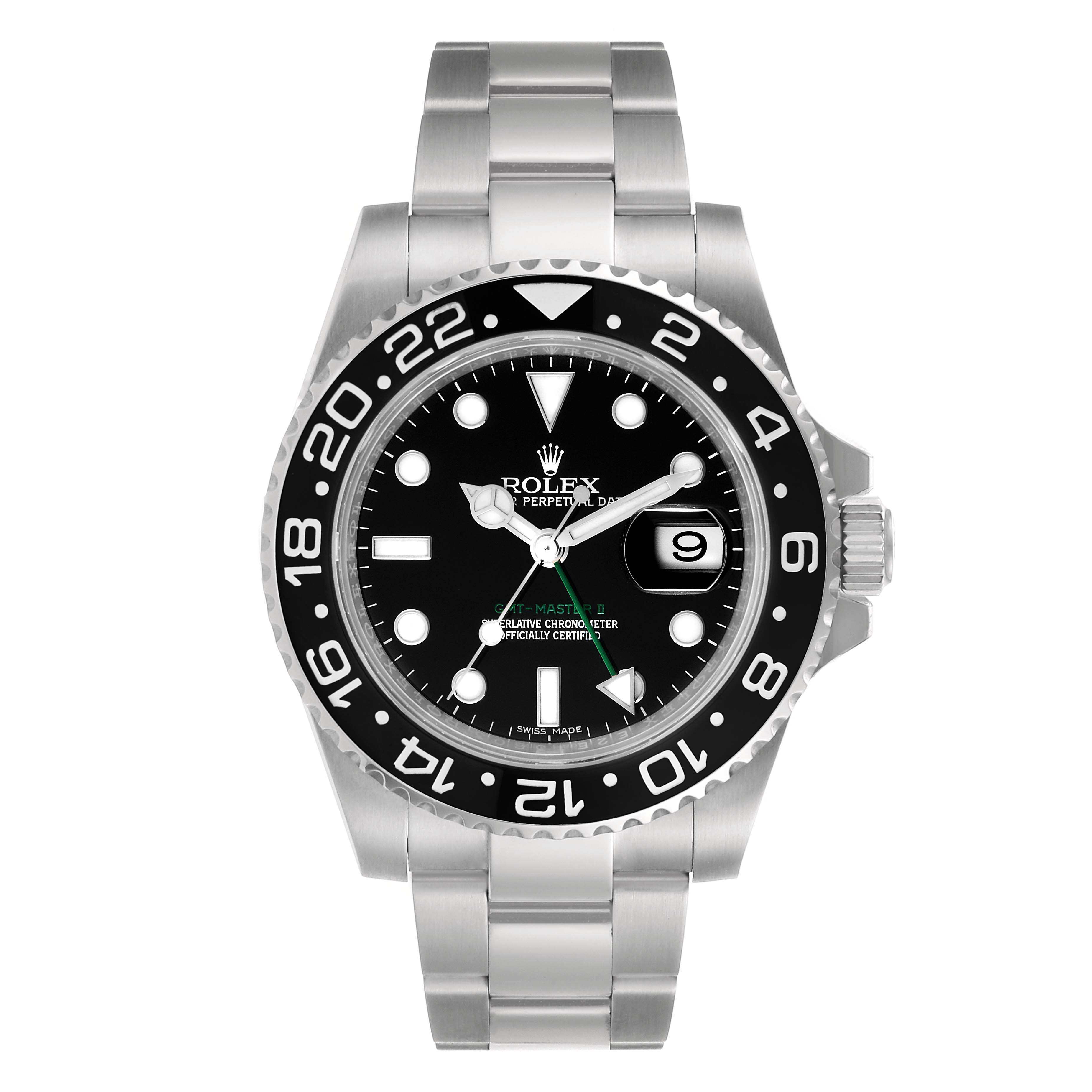 This image shows a front view of the Rolex GMT-Master 116710 Men's Stainless Steel Black Dial 116710 Men's Stainless Steel Black Dial watch, highlighting its face, black bezel, and stainless steel bracelet.