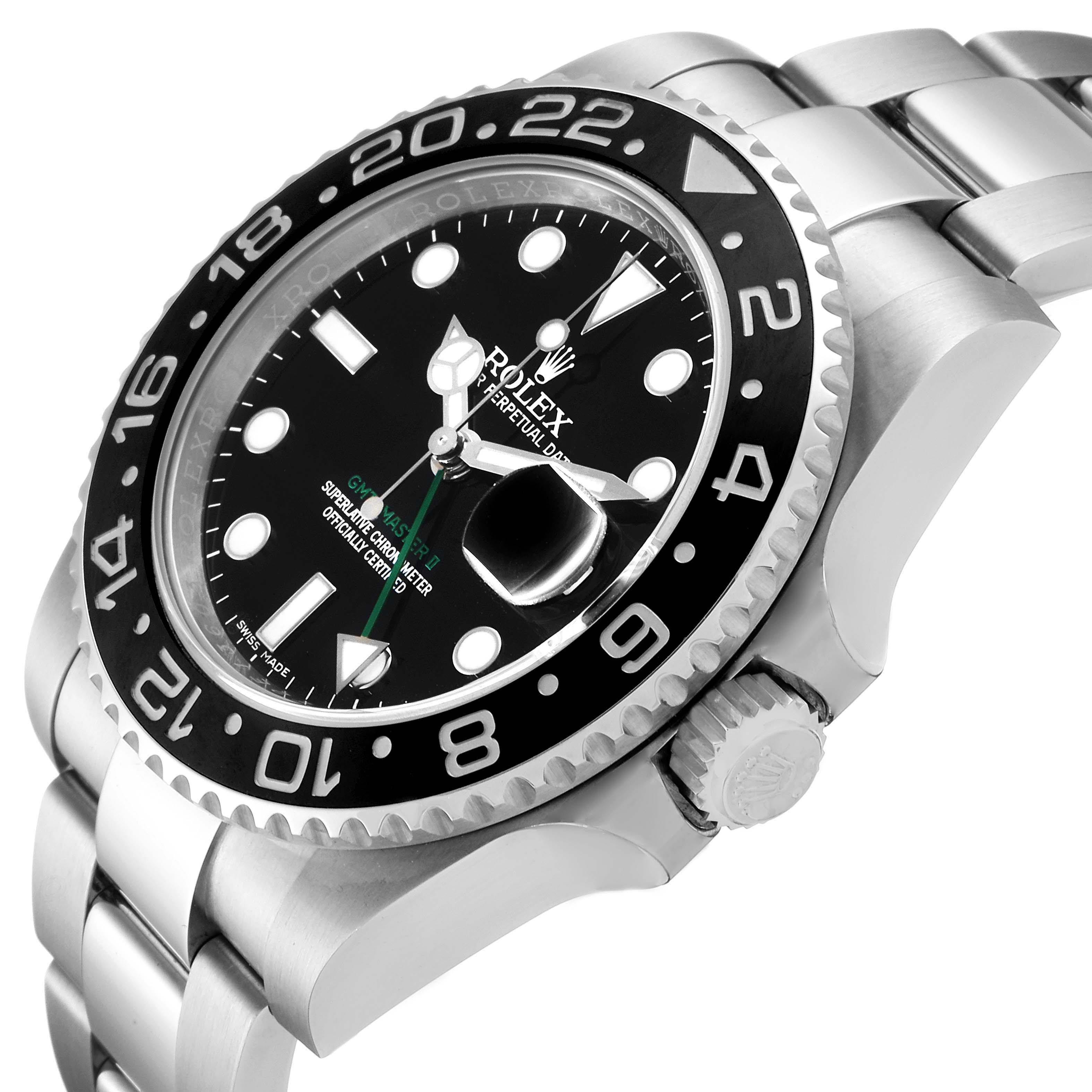 This image shows a close-up side angle of the Rolex GMT-Master 116710 Men's Stainless Steel Black Dial 116710 Men's Stainless Steel Black Dial watch, displaying its bezel, dial, crown, and part of the bracelet.