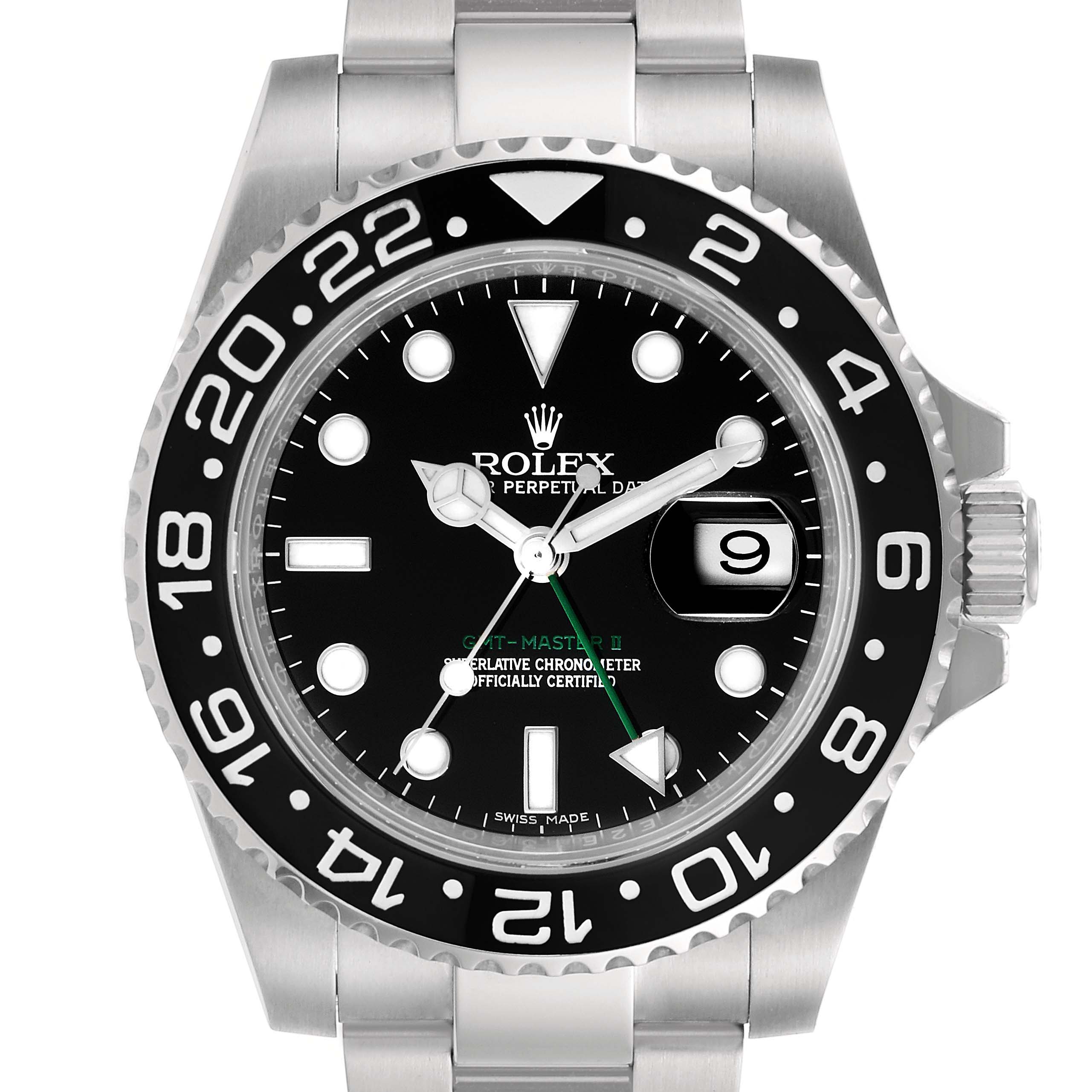 The image shows a front view of a Rolex GMT-Master 116710 Men's Stainless Steel Black Dial 116710 Men's Stainless Steel Black Dial II watch, featuring the face, bezel, and part of the bracelet.
