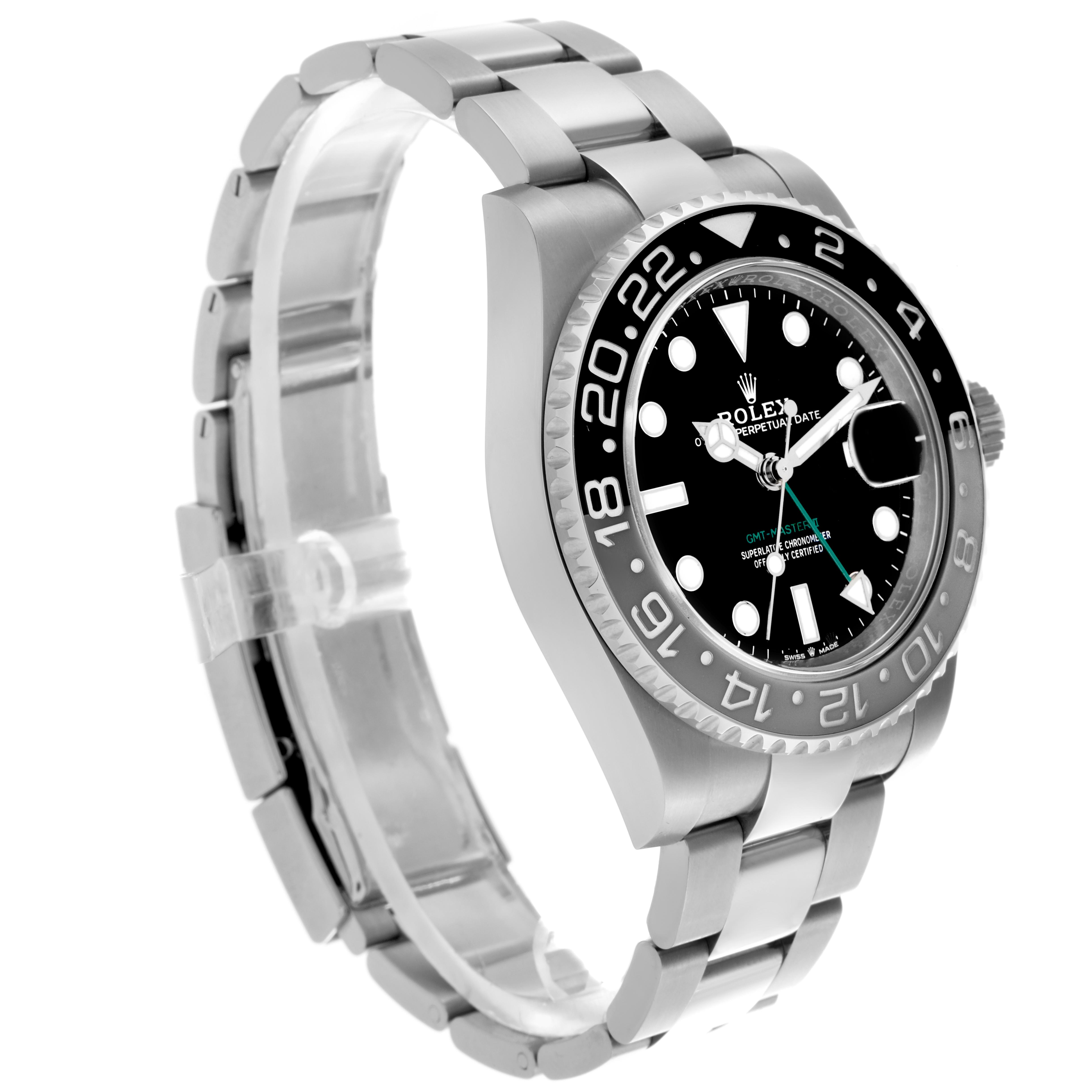 The Rolex GMT-Master 126710GRNR Men's Stainless Steel Black Dial 126710GRNR Men's Stainless Steel Black Dial is shown at a three-quarter angle with the bracelet, bezel, and dial visible.