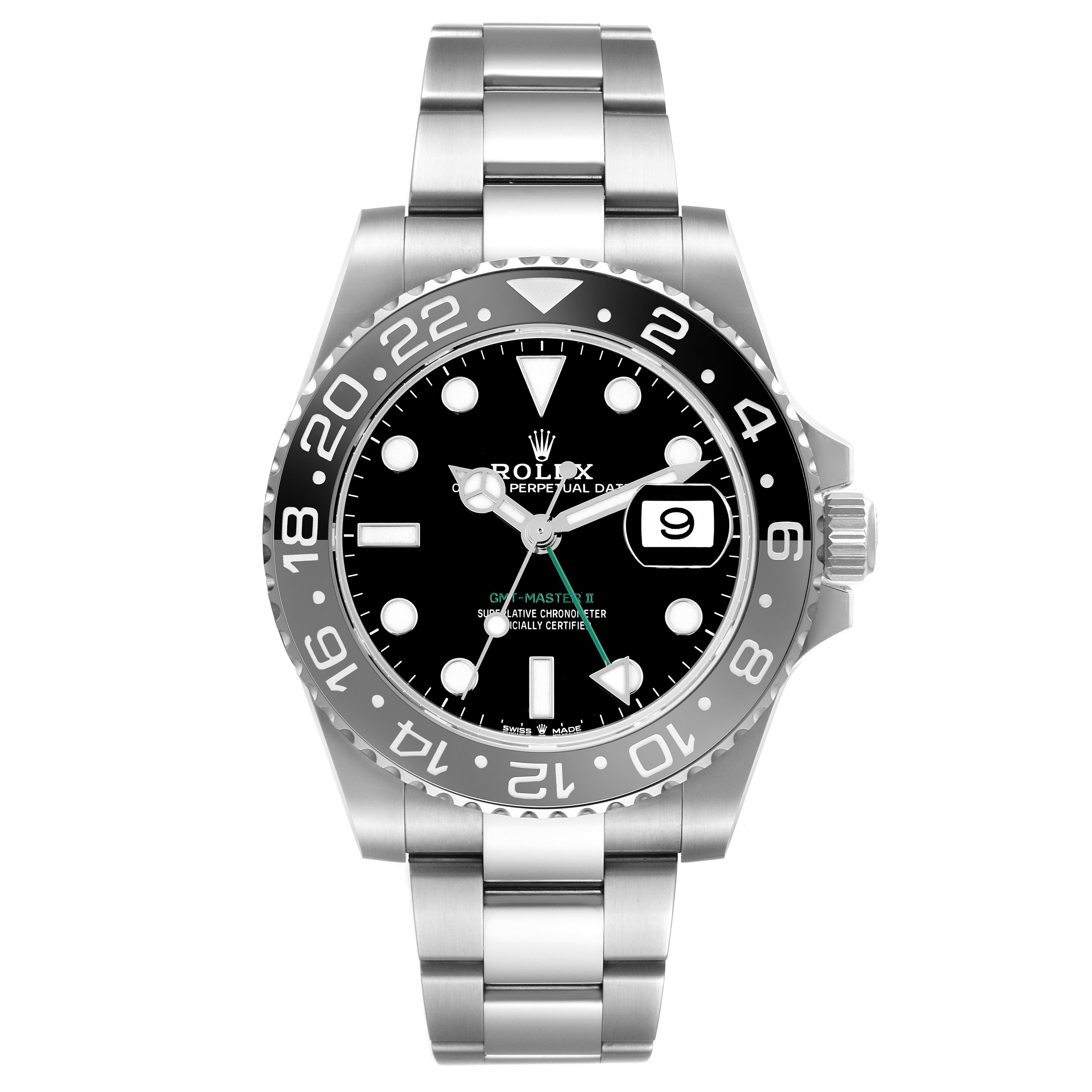 The Rolex GMT-Master 126710GRNR Men's Stainless Steel Black Dial 126710GRNR Men's Stainless Steel Black Dial watch is shown from the front, highlighting the bezel, dial, hands, and bracelet.