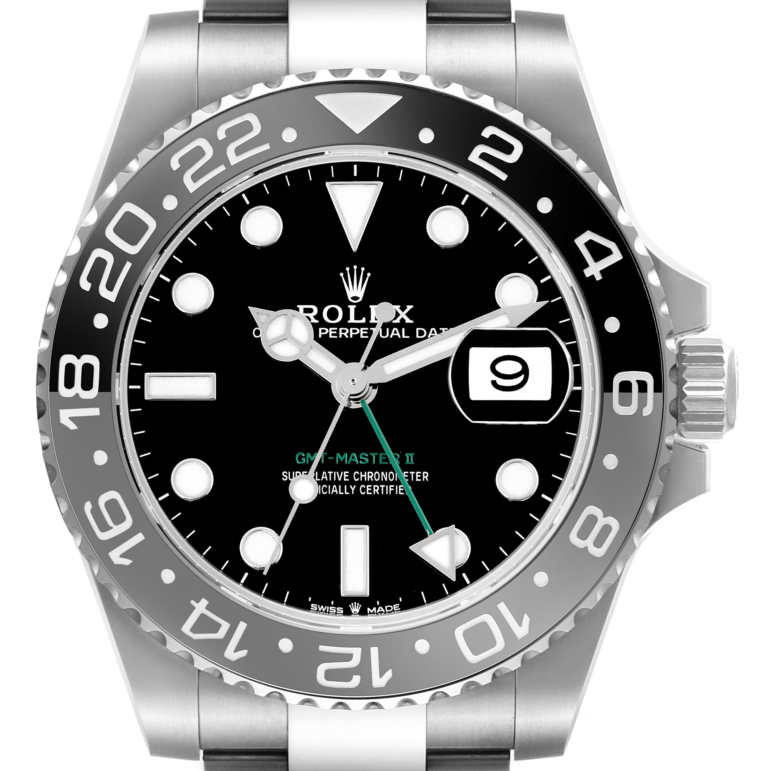 The Rolex GMT-Master 126710GRNR Men's Stainless Steel Black Dial 126710GRNR Men's Stainless Steel Black Dial watch is shown from a front angle, highlighting the dial, bezel, and crown.