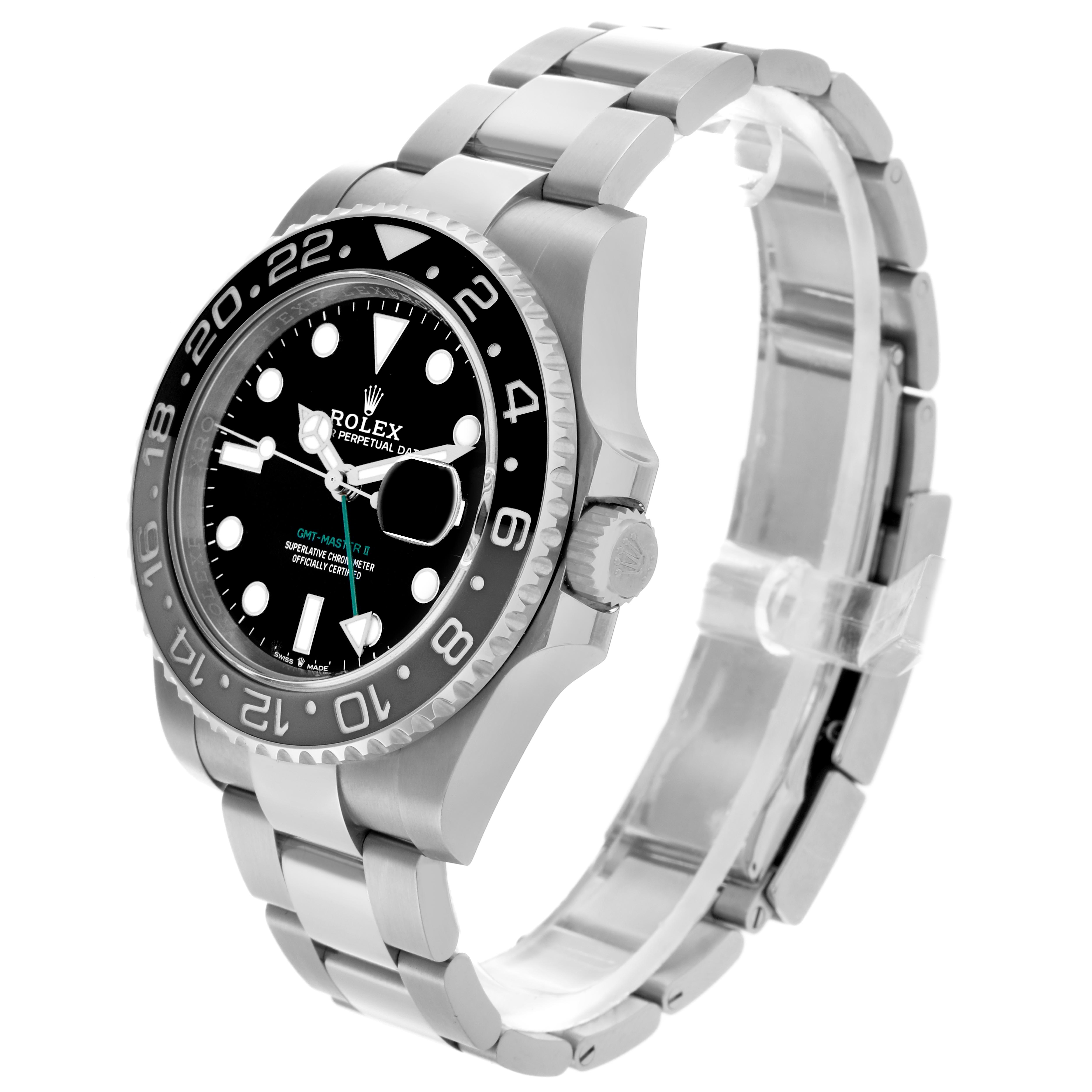 The Rolex GMT-Master 126710GRNR Men's Stainless Steel Black Dial 126710GRNR Men's Stainless Steel Black Dial watch is shown at a three-quarter angle, highlighting the dial, bezel, crown, and bracelet.