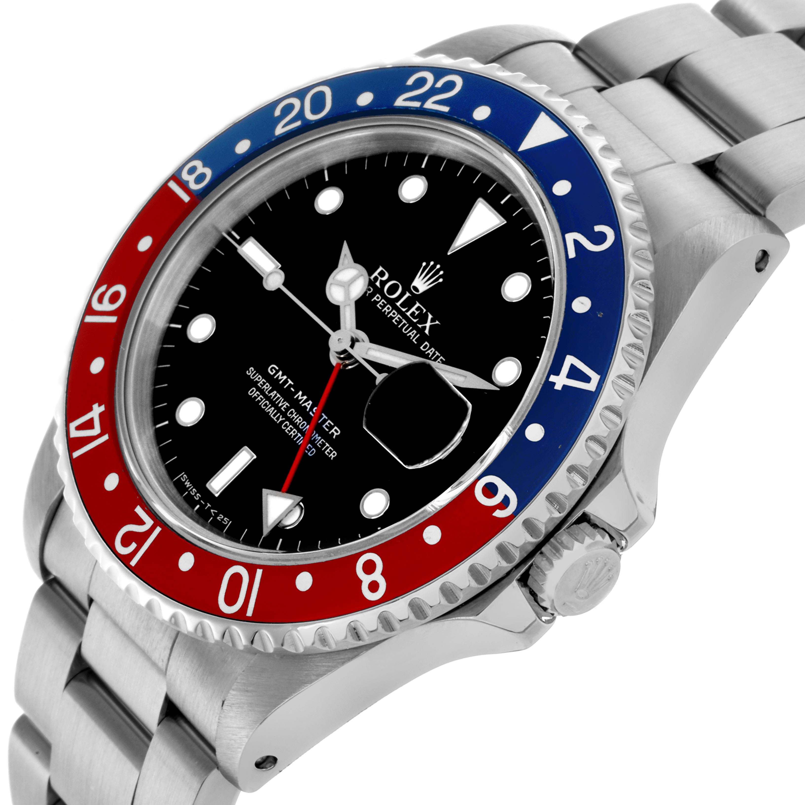 The Rolex GMT-Master 16700 Men's Stainless Steel Black Dial 16700 Men's Stainless Steel Black Dial watch is shown at an angled side view, displaying the bezel, dial, crown, and part of the bracelet.