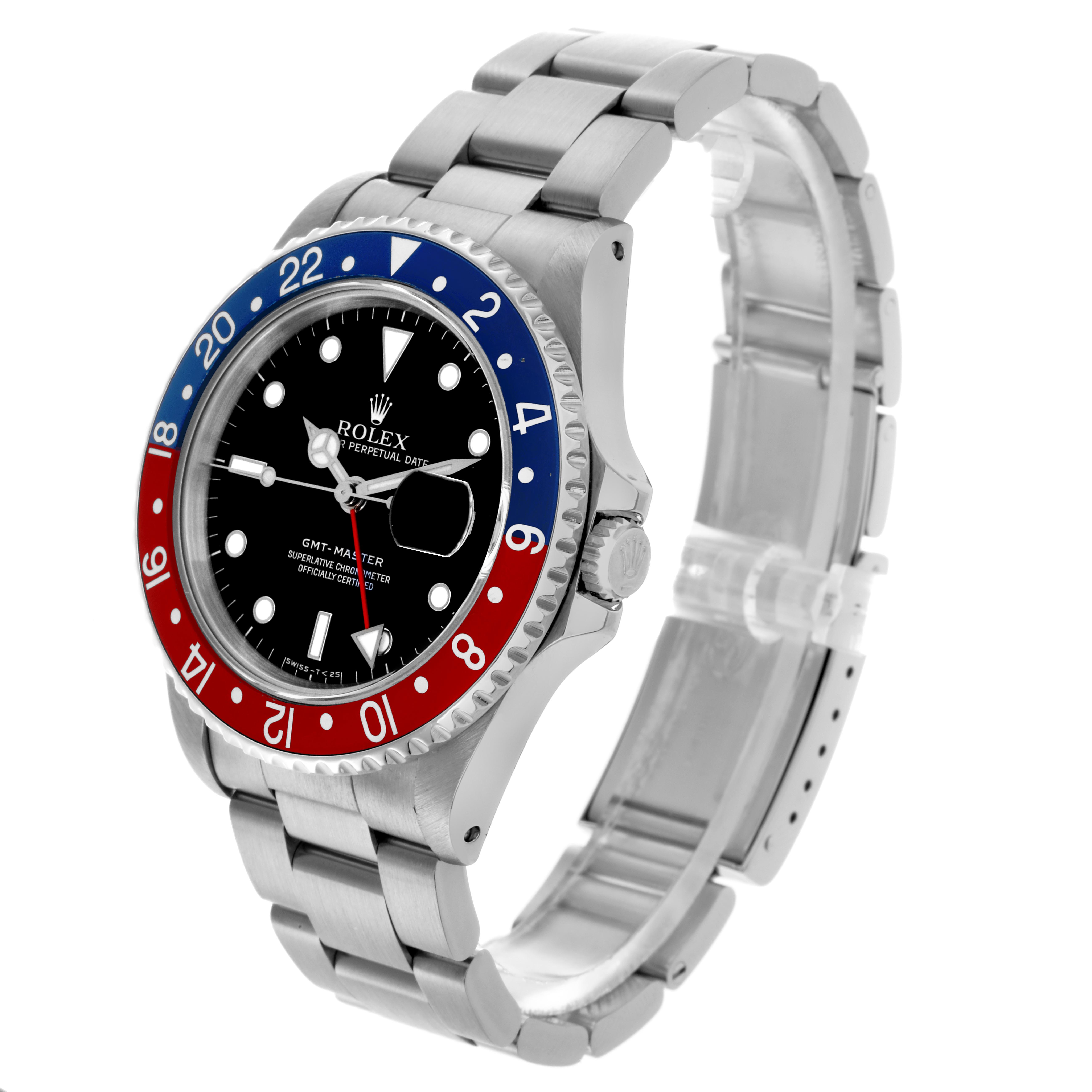 The Rolex GMT-Master 16700 Men's Stainless Steel Black Dial 16700 Men's Stainless Steel Black Dial is shown at a front right angle, highlighting the blue and red bezel, black dial, and silver bracelet.