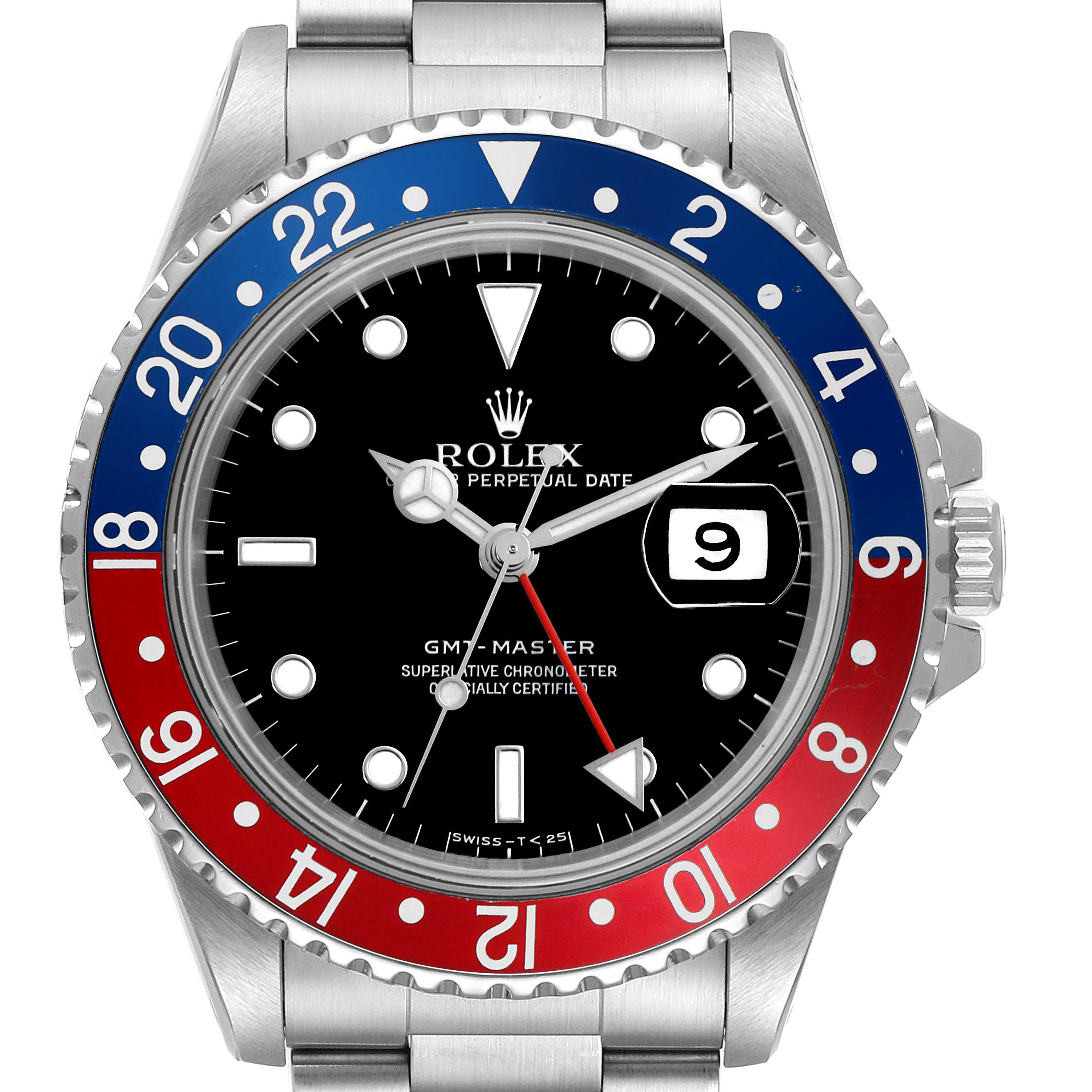 The Rolex GMT-Master 16700 Men's Stainless Steel Black Dial 16700 Men's Stainless Steel Black Dial watch is shown from the front, displaying the dial, bezel, and part of the bracelet.