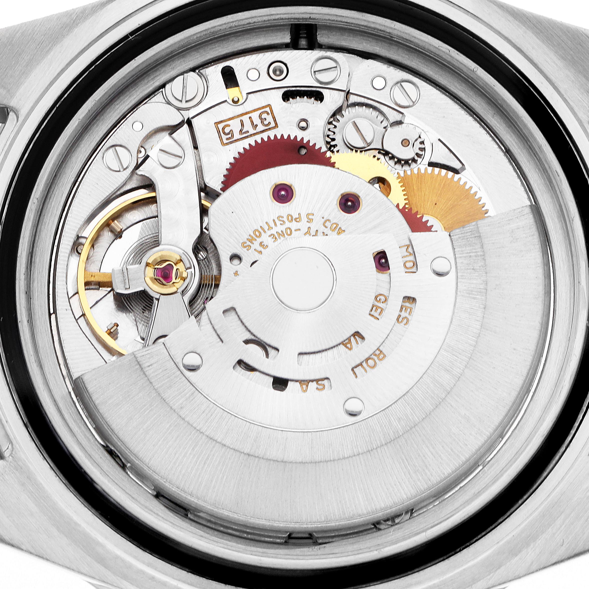 The image shows the intricate movement of a Rolex GMT-Master 16700 Men's Stainless Steel Black Dial 16700 Men's Stainless Steel Black Dial watch from the back, highlighting gears and components.