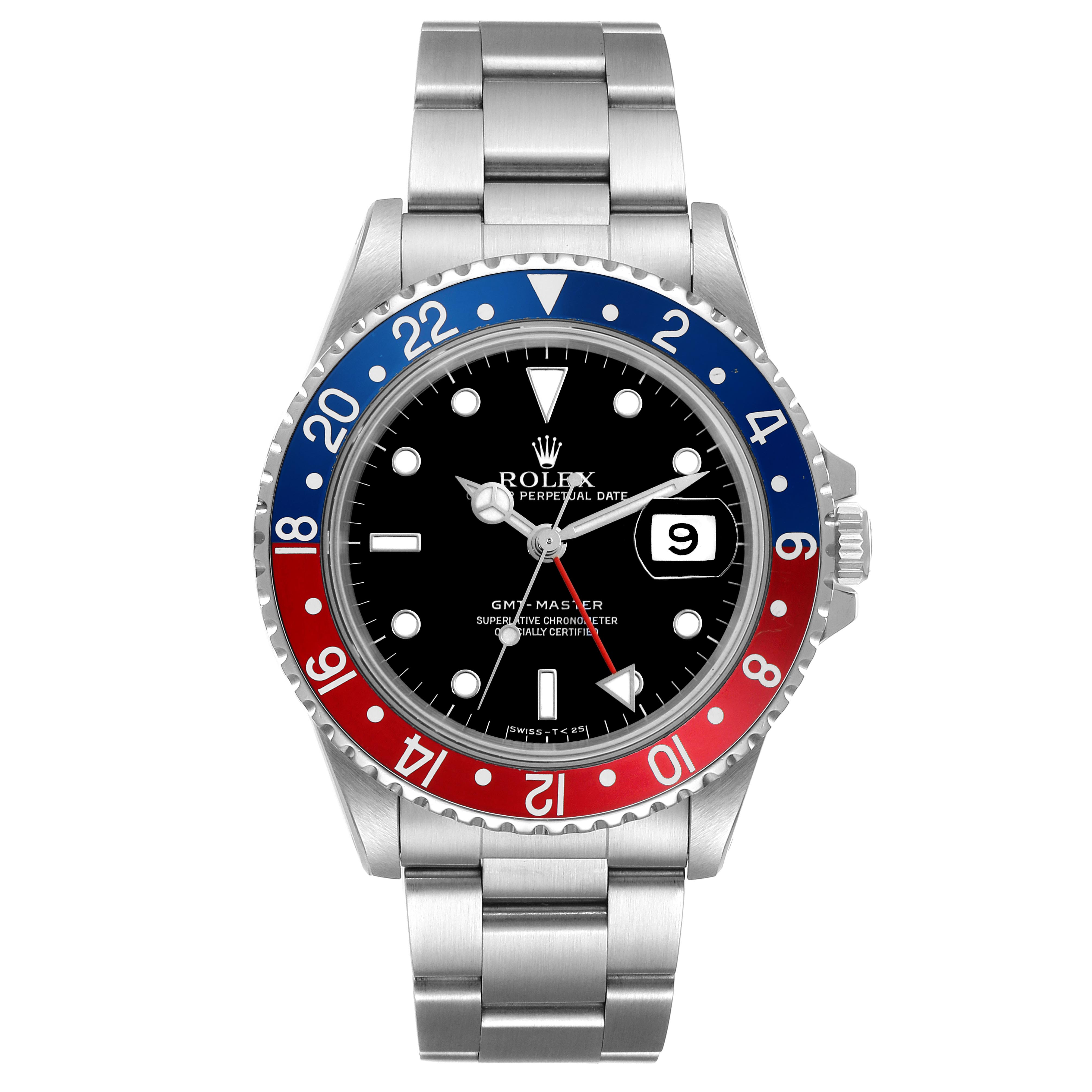 The image shows a frontal view of a Rolex GMT-Master 16700 Men's Stainless Steel Black Dial 16700 Men's Stainless Steel Black Dial watch, displaying its bezel, dial, hands, date window, and bracelet.