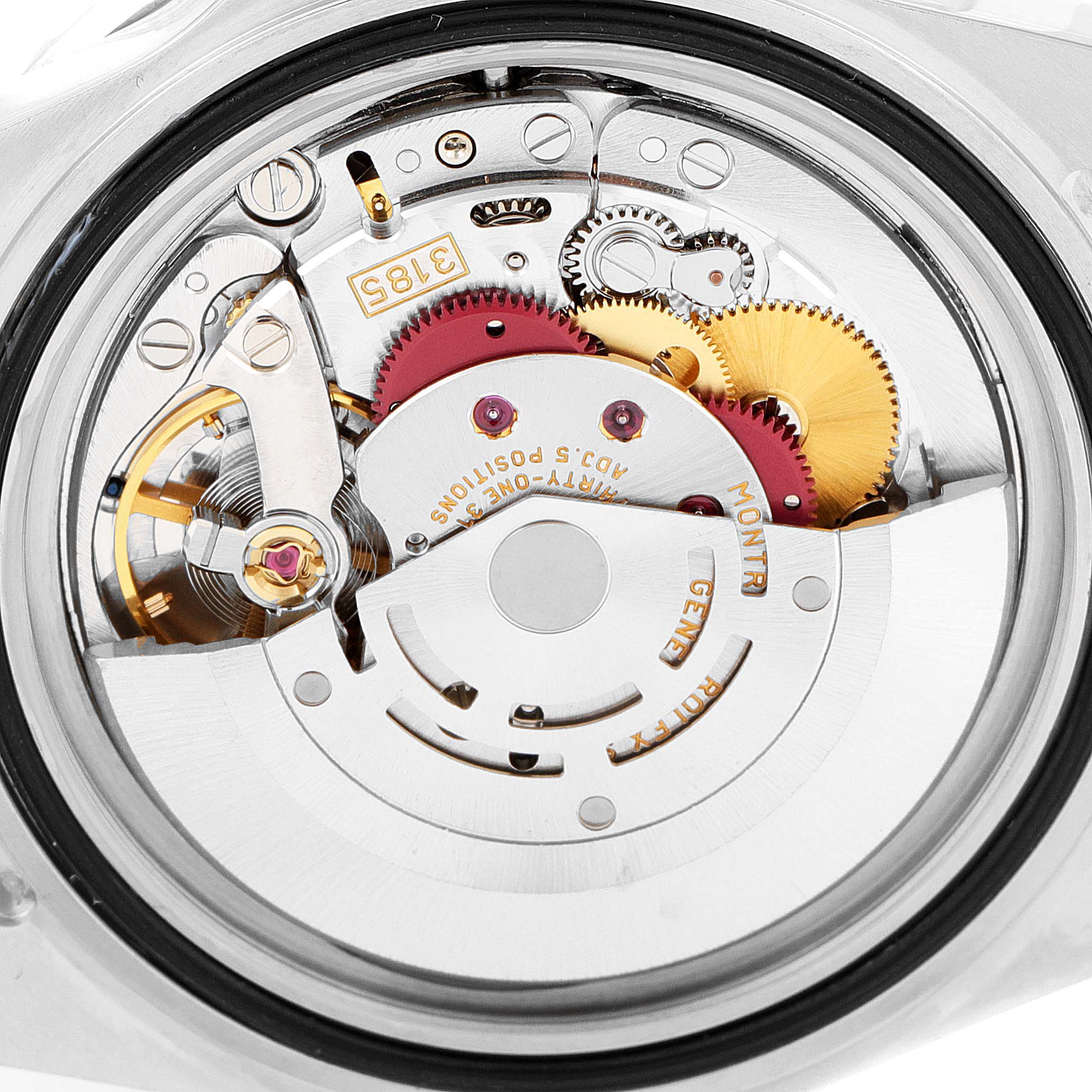 The image shows the inner mechanism and movement of a Rolex GMT-Master 16710 Men
s Stainless Steel Black Dial 16710 Men
s Stainless Steel Black Dial watch from a back angle.