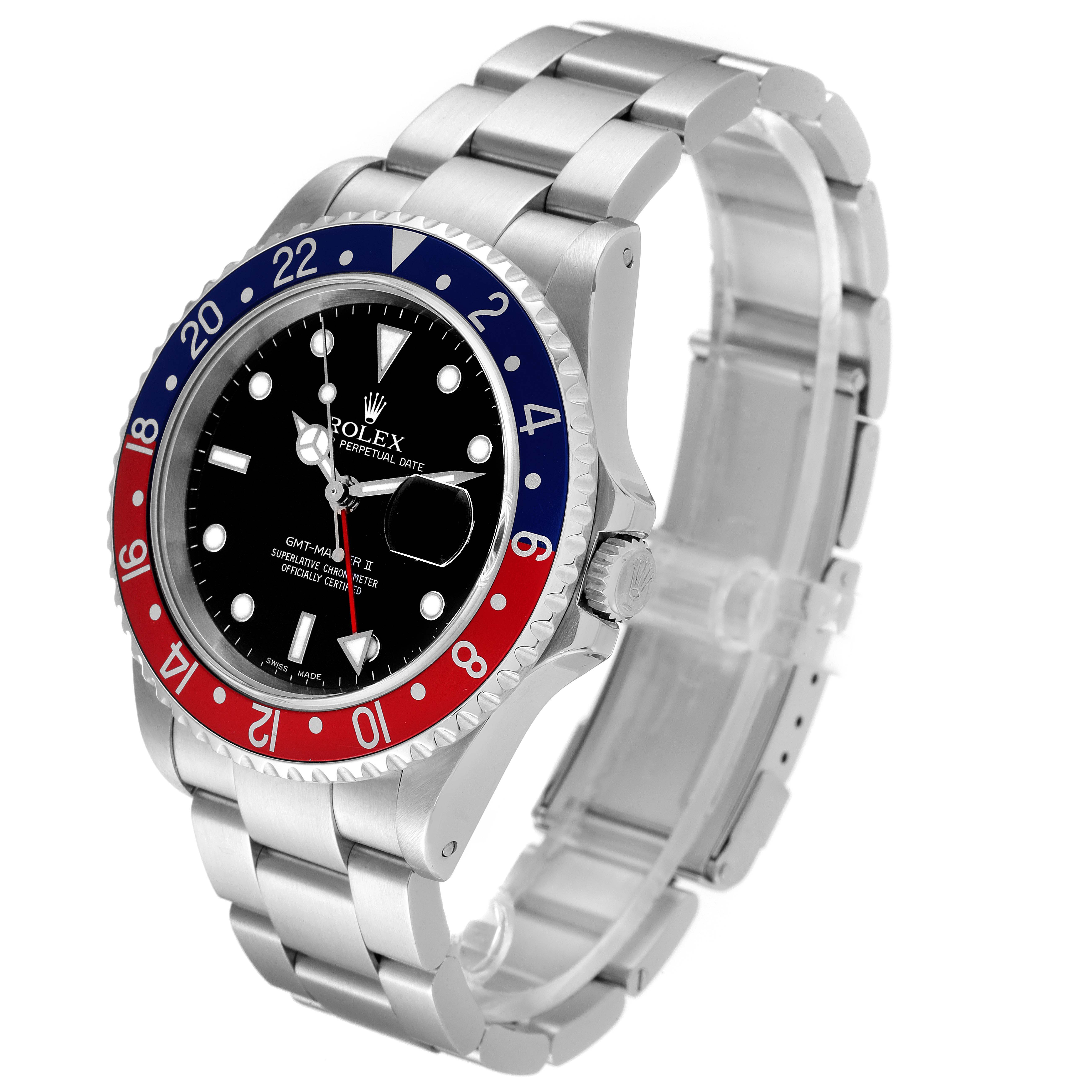 This image shows a Rolex GMT-Master 16710 Men
s Stainless Steel Black Dial 16710 Men
s Stainless Steel Black Dial watch at an oblique angle, highlighting its bezel, face, crown, and bracelet.