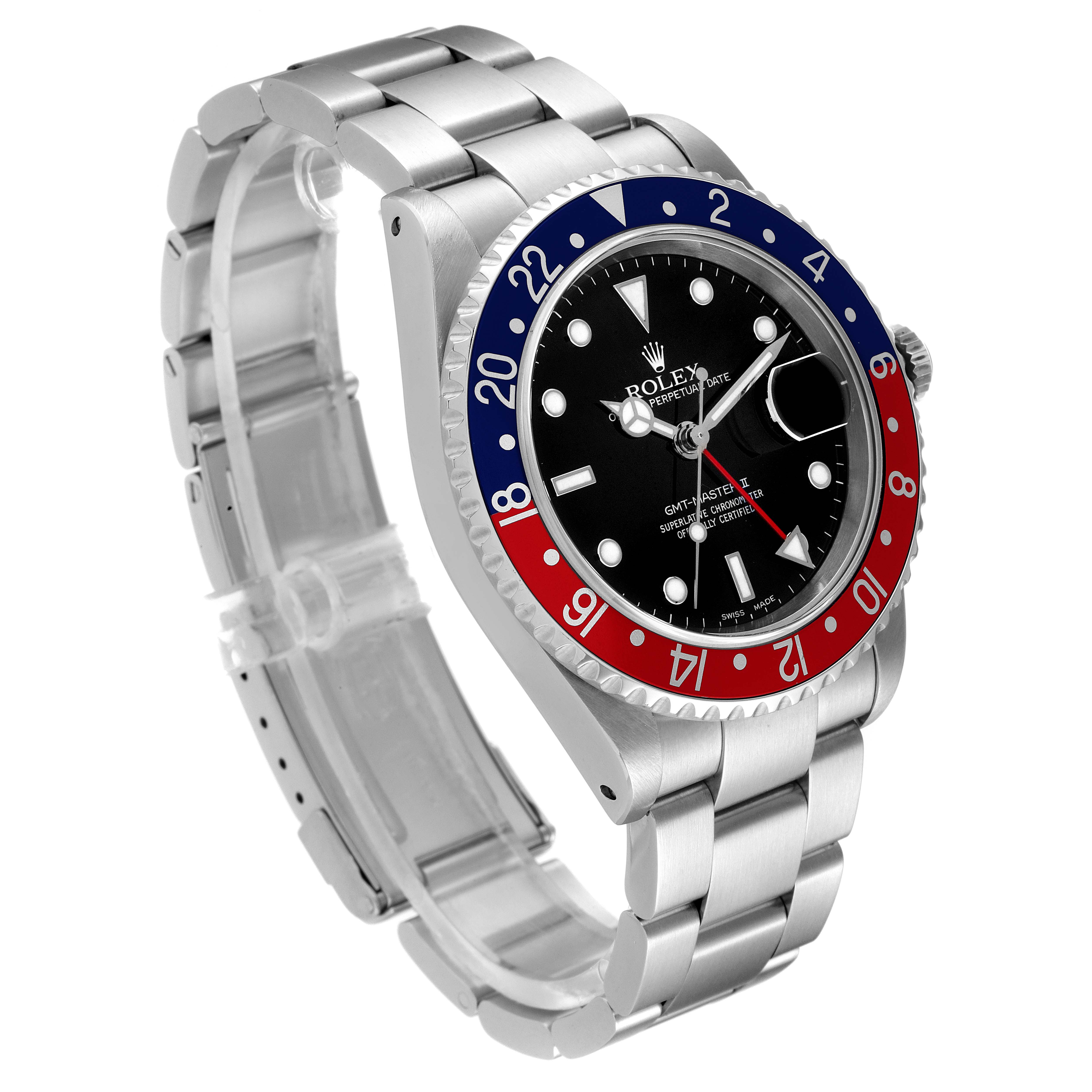 The image shows a Rolex GMT-Master 16710 Men
s Stainless Steel Black Dial 16710 Men
s Stainless Steel Black Dial watch at a three-quarter angle highlighting the bezel, dial, case, and bracelet.