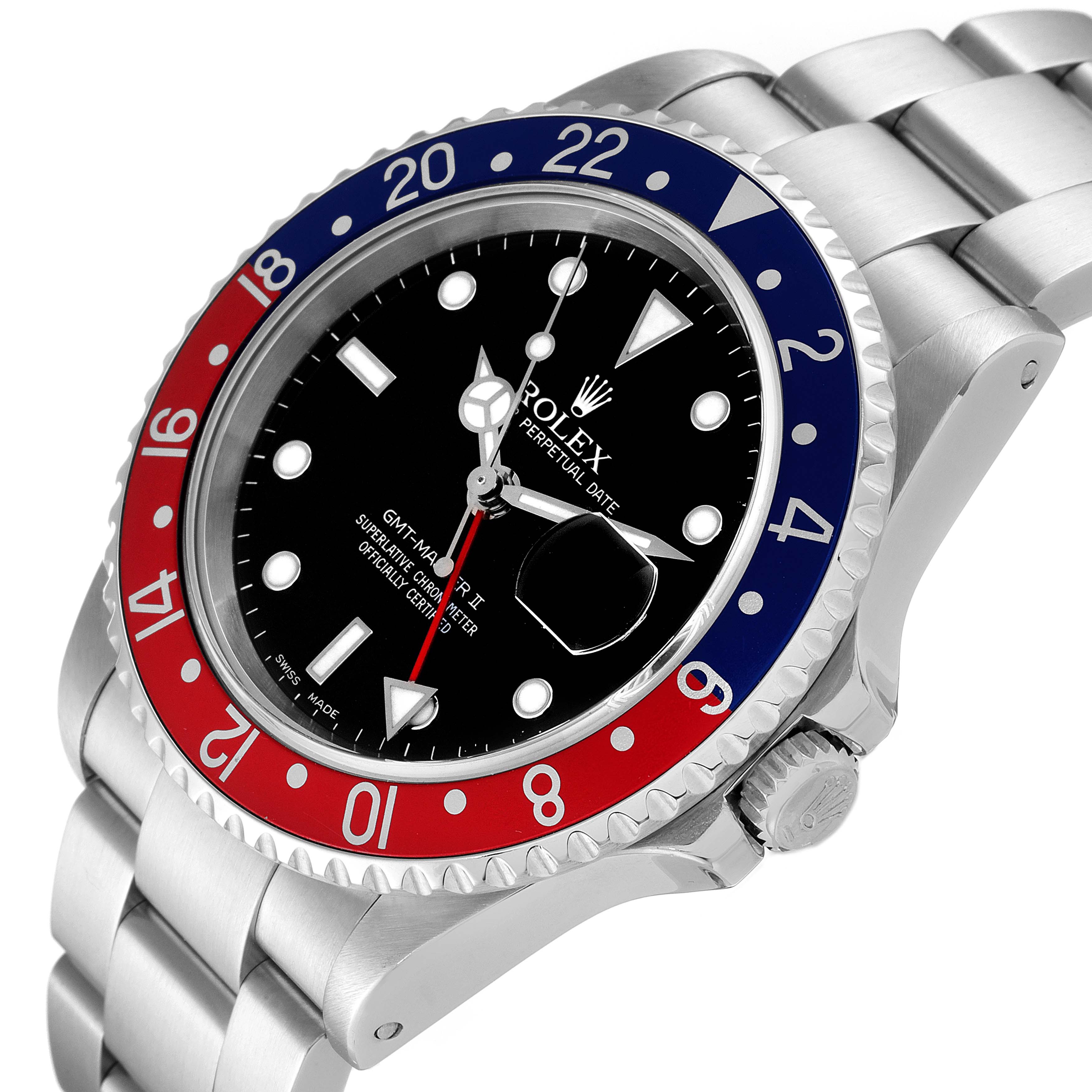 This Rolex GMT-Master 16710 Men
s Stainless Steel Black Dial 16710 Men
s Stainless Steel Black Dial watch is shown at a slight angle highlighting the red and blue bezel, face, and part of the metal bracelet.