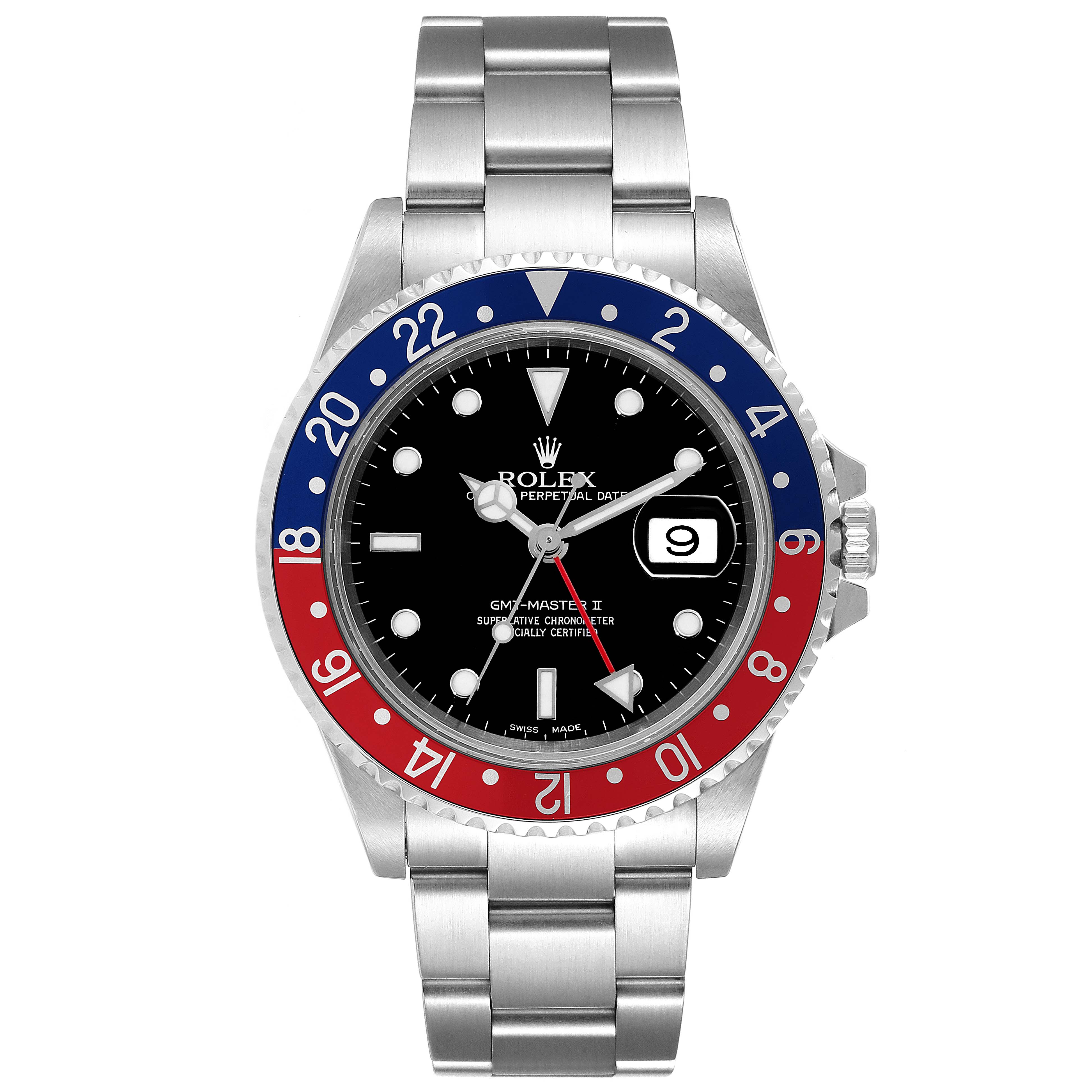 This image shows a front view of a Rolex GMT-Master 16710 Men
s Stainless Steel Black Dial 16710 Men
s Stainless Steel Black Dial II watch, displaying its bezel, dial, hands, date window, and bracelet.