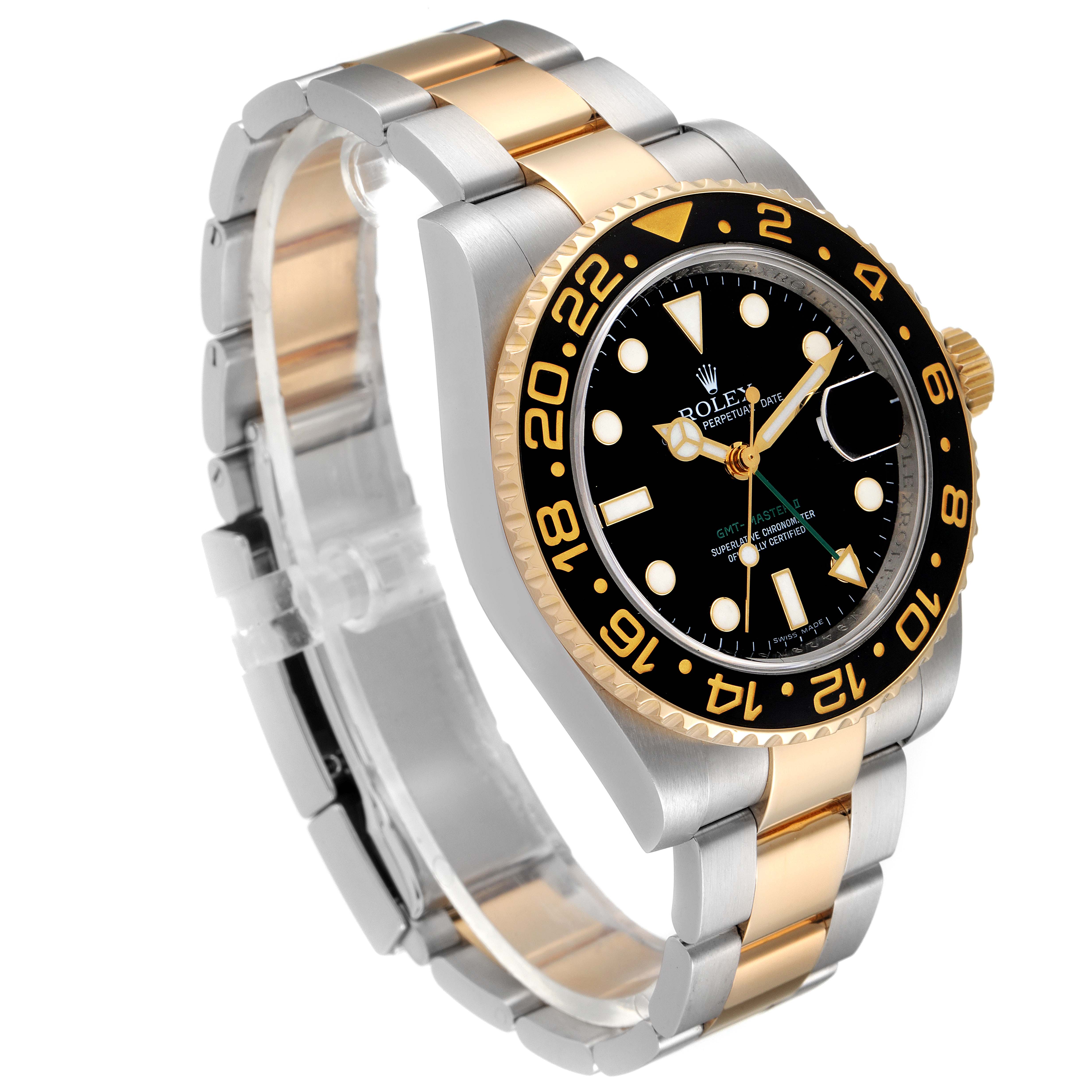 The image shows a side and front angled view of a Rolex GMT-Master 116713 Men's Steel and Gold (two tone) Black Dial 116713 Men's Steel and Gold (two tone) Black Dial watch, highlighting its black dial, two-tone bracelet, and bezel.