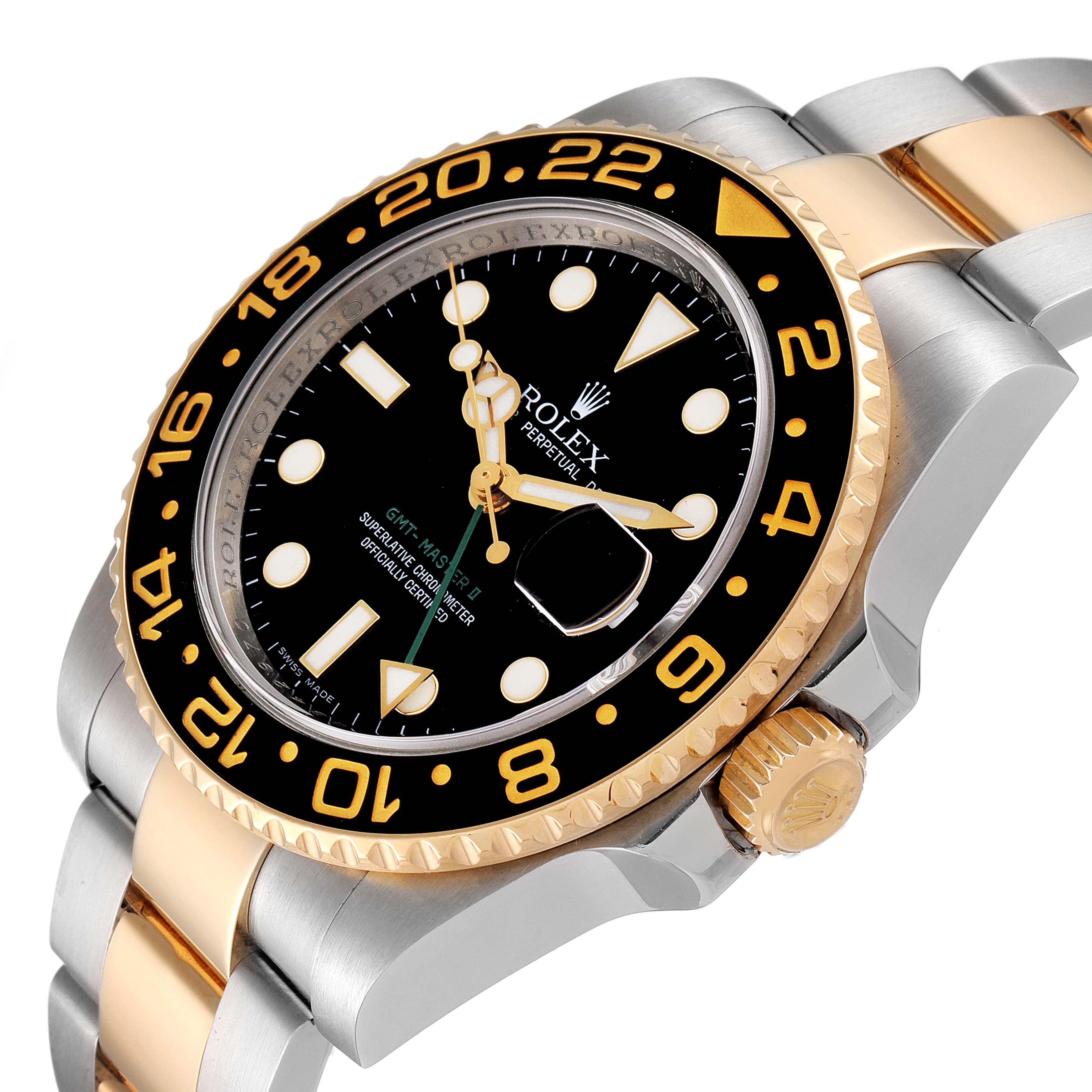 The image shows a closer view of the Rolex GMT-Master 116713 Men's Steel and Gold (two tone) Black Dial 116713 Men's Steel and Gold (two tone) Black Dial watch's face, bezel, crown, and bracelet at an oblique angle.