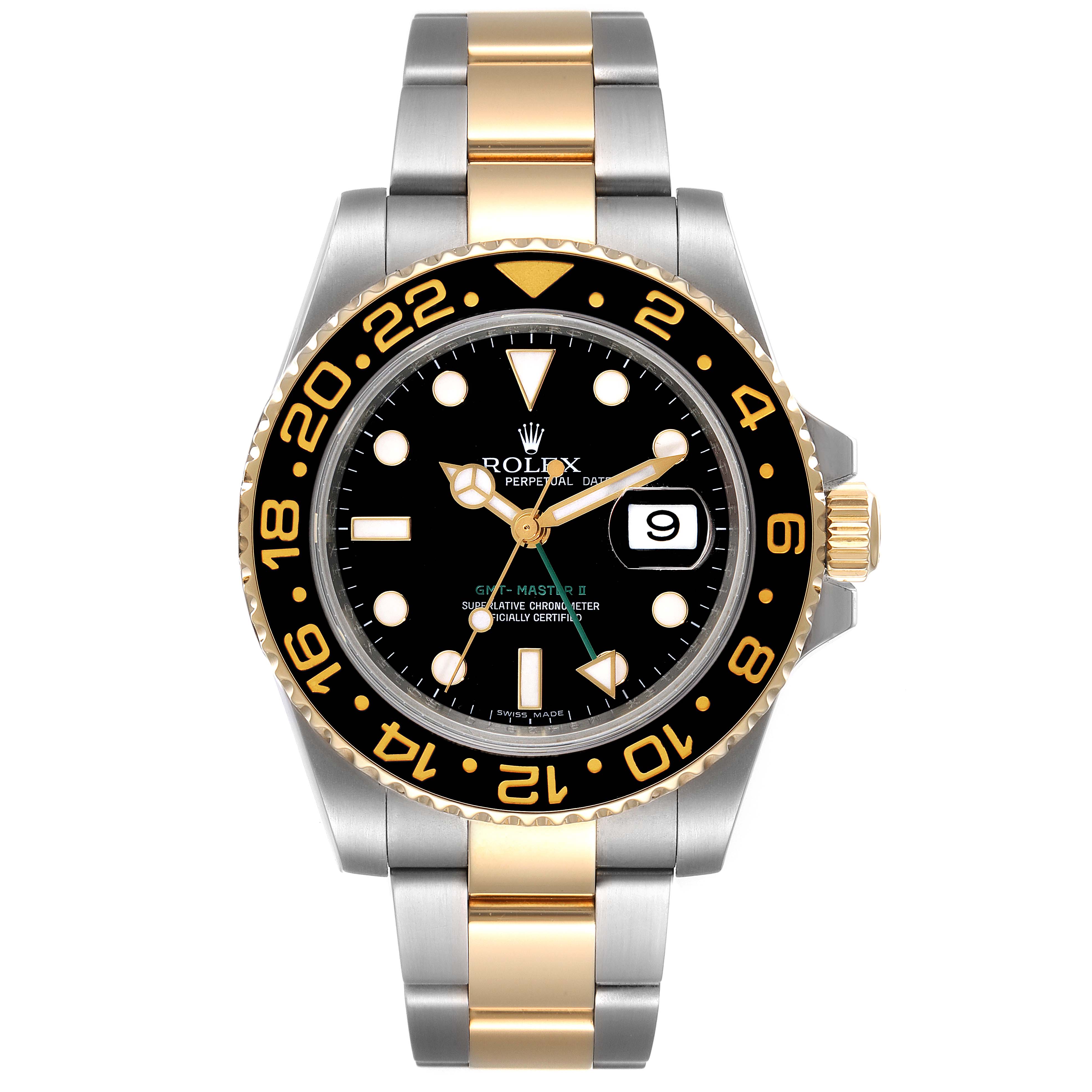 The image shows a front view of a Rolex GMT-Master 116713 Men's Steel and Gold (two tone) Black Dial 116713 Men's Steel and Gold (two tone) Black Dial watch, highlighting its face, bezel, and two-tone bracelet.