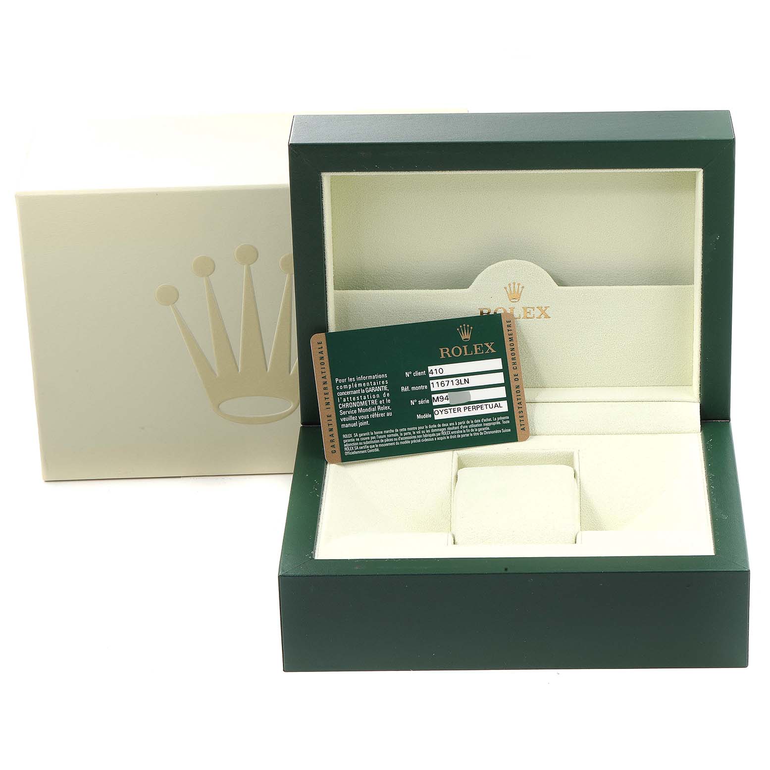 This image shows the box and authenticity card for a Rolex GMT-Master 116713 Men's Steel and Gold (two tone) Black Dial 116713 Men's Steel and Gold (two tone) Black Dial watch model, displayed from the front.