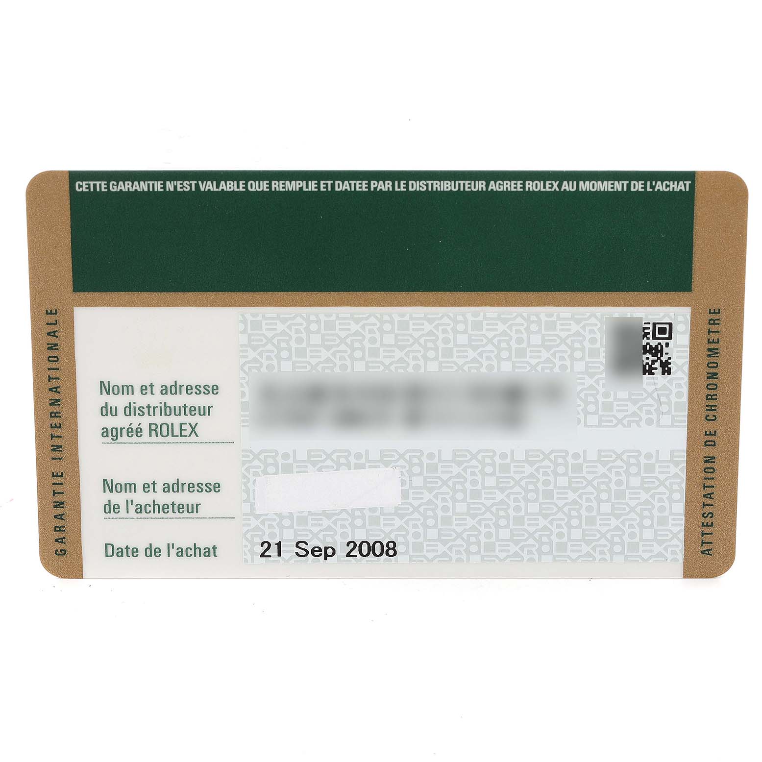 The image shows a Rolex GMT-Master 116713 Men's Steel and Gold (two tone) Black Dial 116713 Men's Steel and Gold (two tone) Black Dial warranty card with purchase information dated 21 Sep 2008.