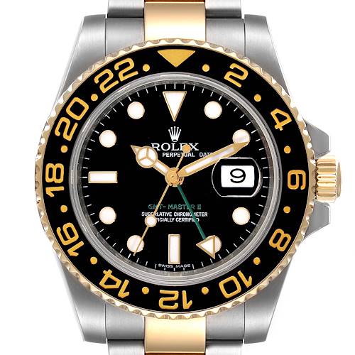 Photo of Rolex GMT Master II Yellow Gold Steel Black Dial Mens Watch 116713 Box Card