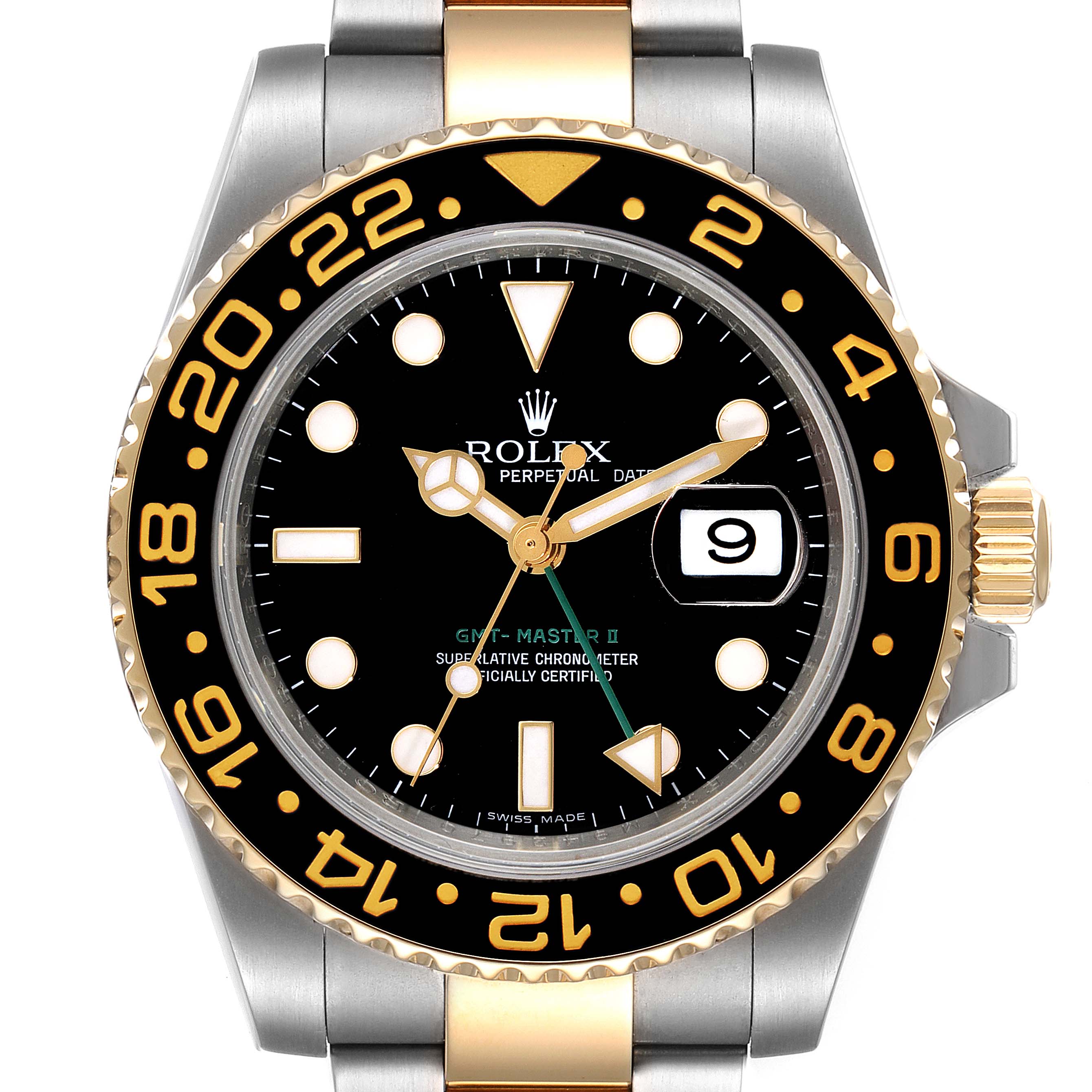 The image shows a front view of a Rolex GMT-Master 116713 Men's Steel and Gold (two tone) Black Dial 116713 Men's Steel and Gold (two tone) Black Dial II watch, highlighting the dial, bezel, hands, and date window.