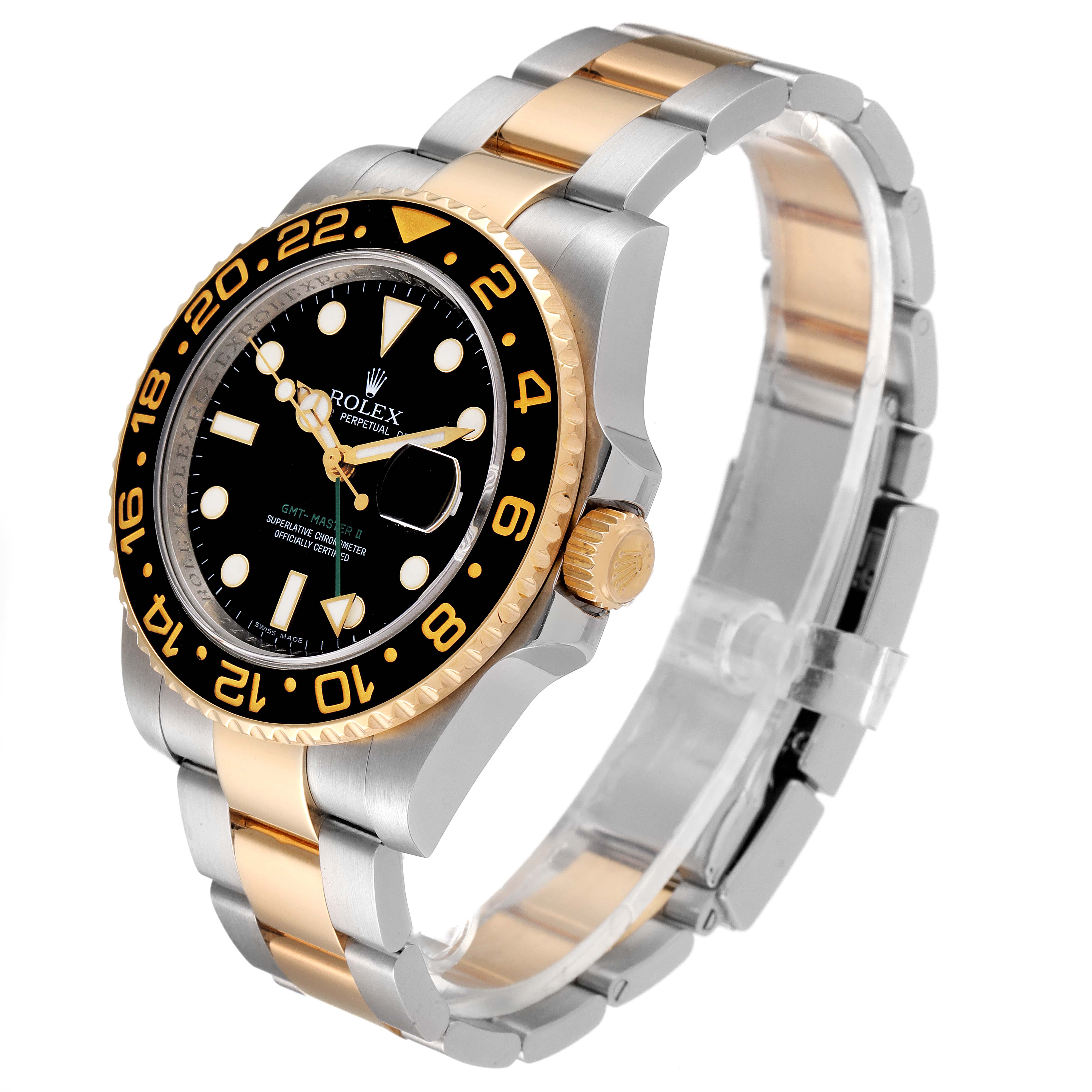 This Rolex GMT-Master 116713 Men's Steel and Gold (two tone) Black Dial 116713 Men's Steel and Gold (two tone) Black Dial watch is shown at an angle highlighting the dial, bezel, crown, and a portion of the bracelet.