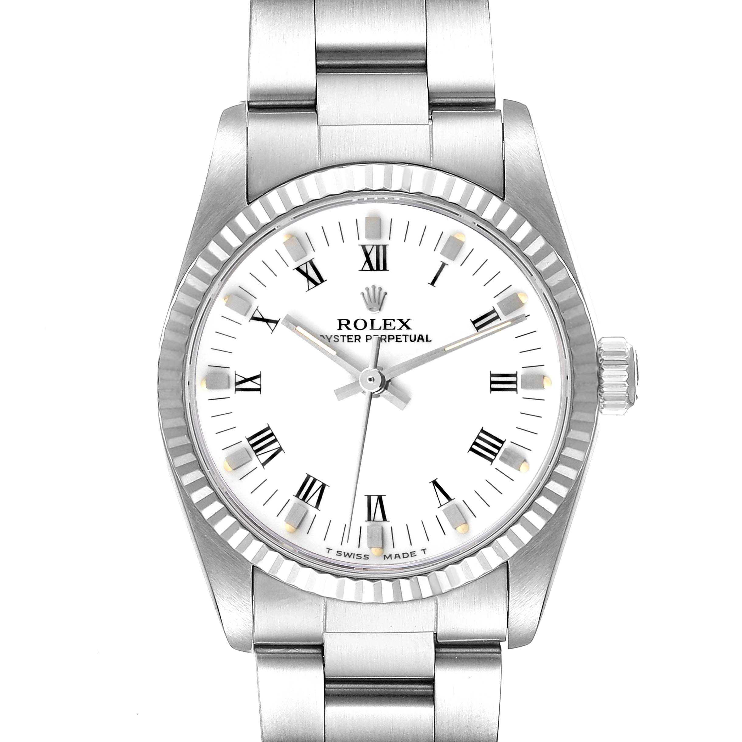 The image shows a front view of a Rolex Mid-Size 67514 Women
s Stainless Steel White Dial 67514 Women
s Stainless Steel White Dial Oyster Perpetual watch, displaying the dial, bezel, crown, and bracelet.