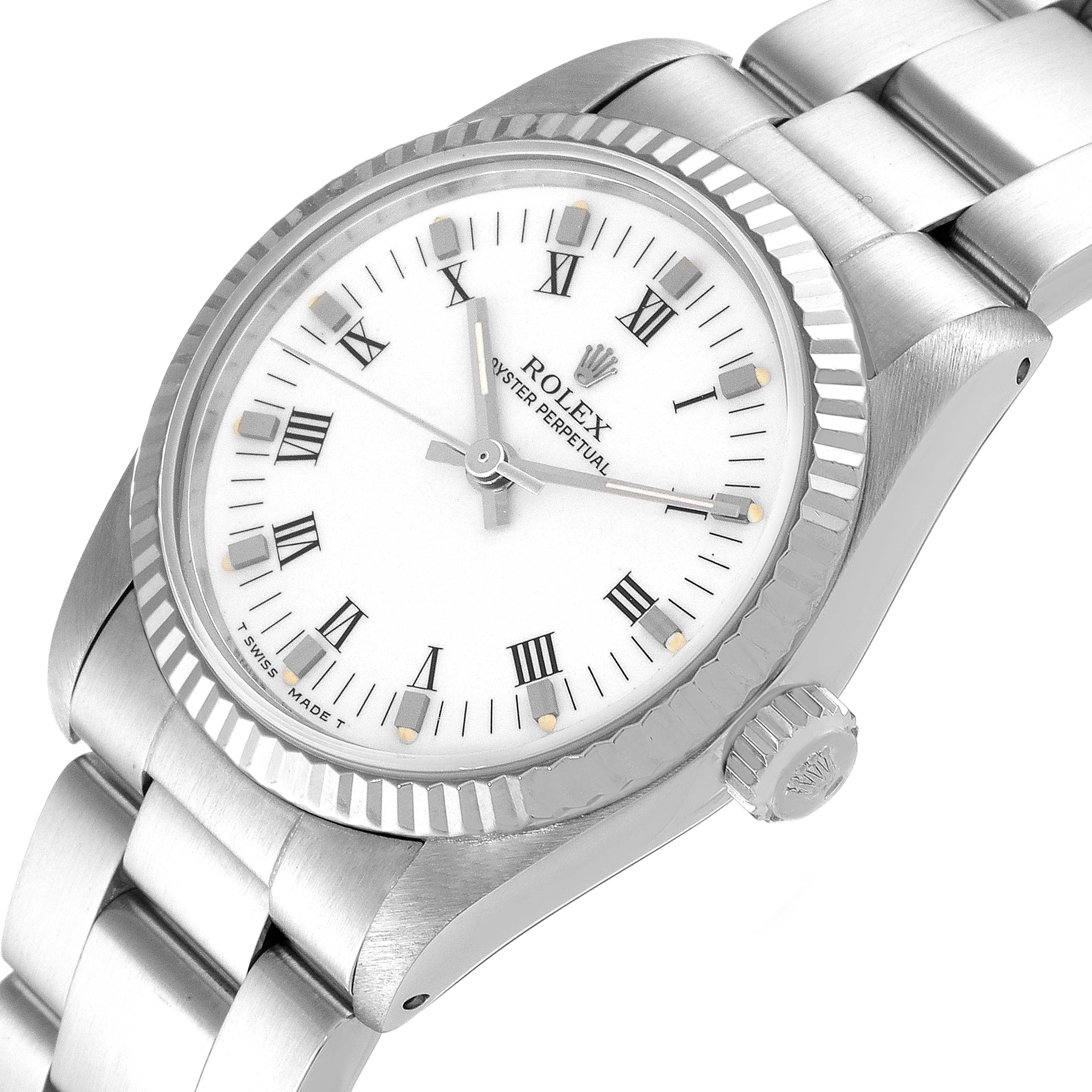 This Rolex Mid-Size 67514 Women
s Stainless Steel White Dial 67514 Women
s Stainless Steel White Dial model is shown at a slight angle, highlighting the face, bezel, crown, and part of the bracelet.