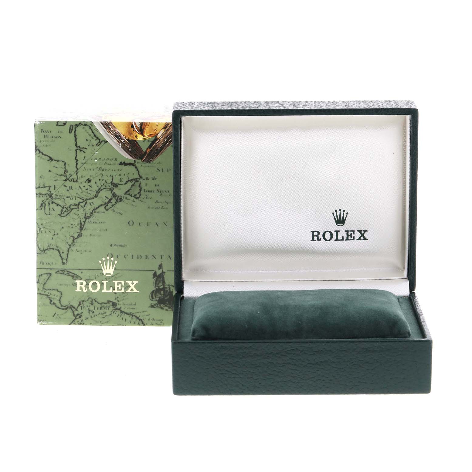 The image shows the box and interior packaging for a Mid-Size Rolex watch.