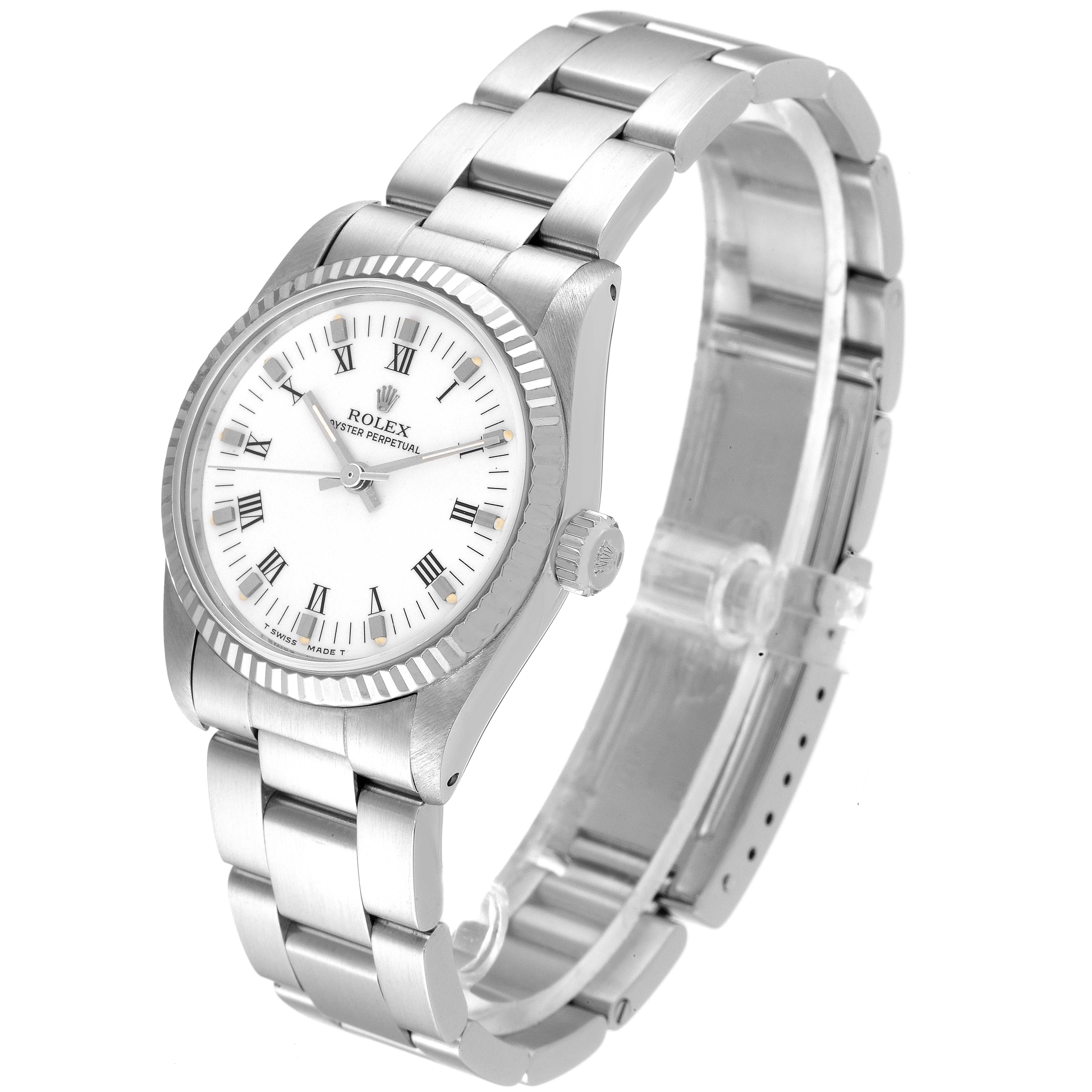This Rolex Mid-Size 67514 Women
s Stainless Steel White Dial 67514 Women
s Stainless Steel White Dial watch is shown at a front-angle, highlighting the face, bezel, crown, and the bracelet.