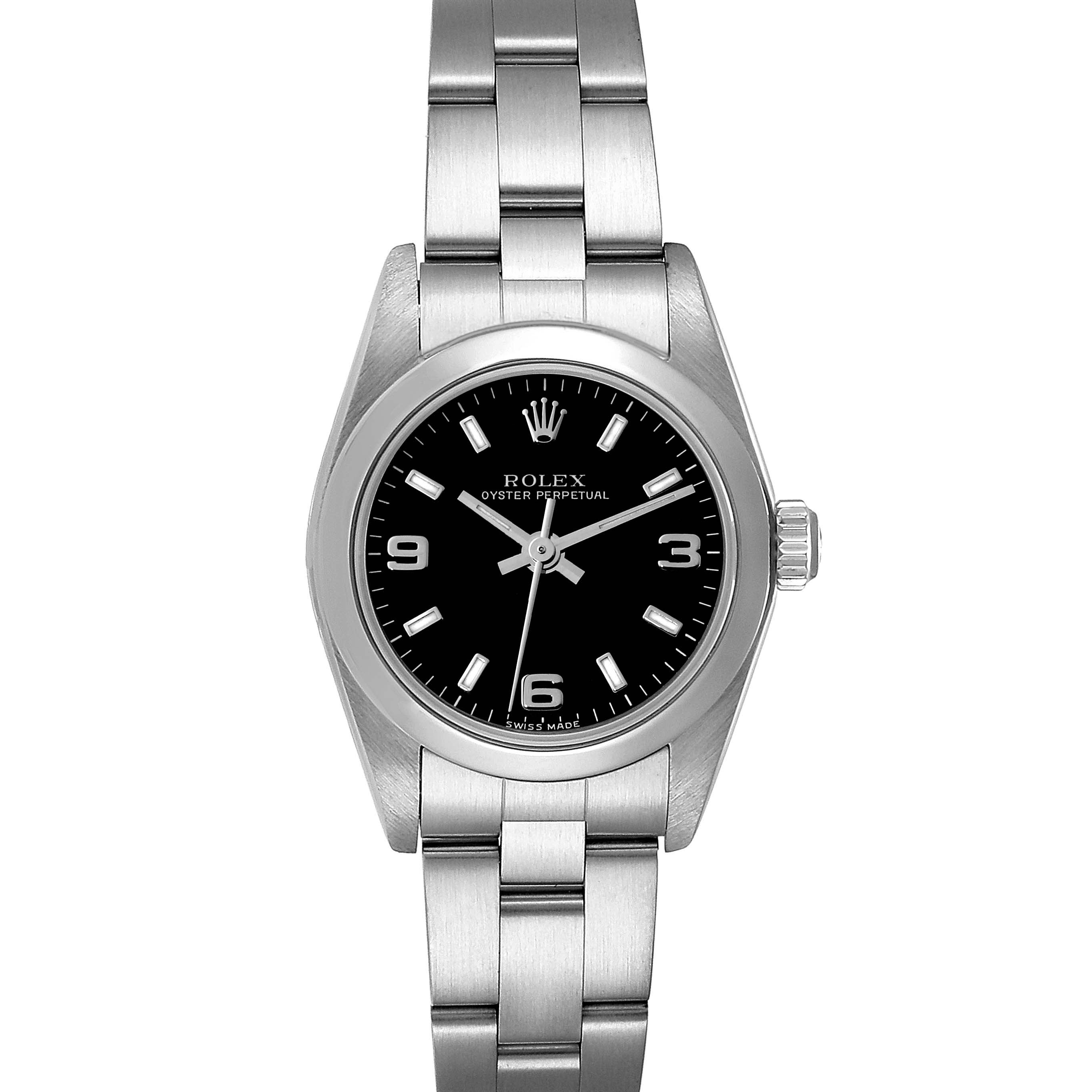 This Rolex Oyster Perpetual 76080 Women's Stainless Steel Black Dial 76080 Women's Stainless Steel Black Dial watch is shown from a straight-on angle, featuring the face, case, and bracelet.