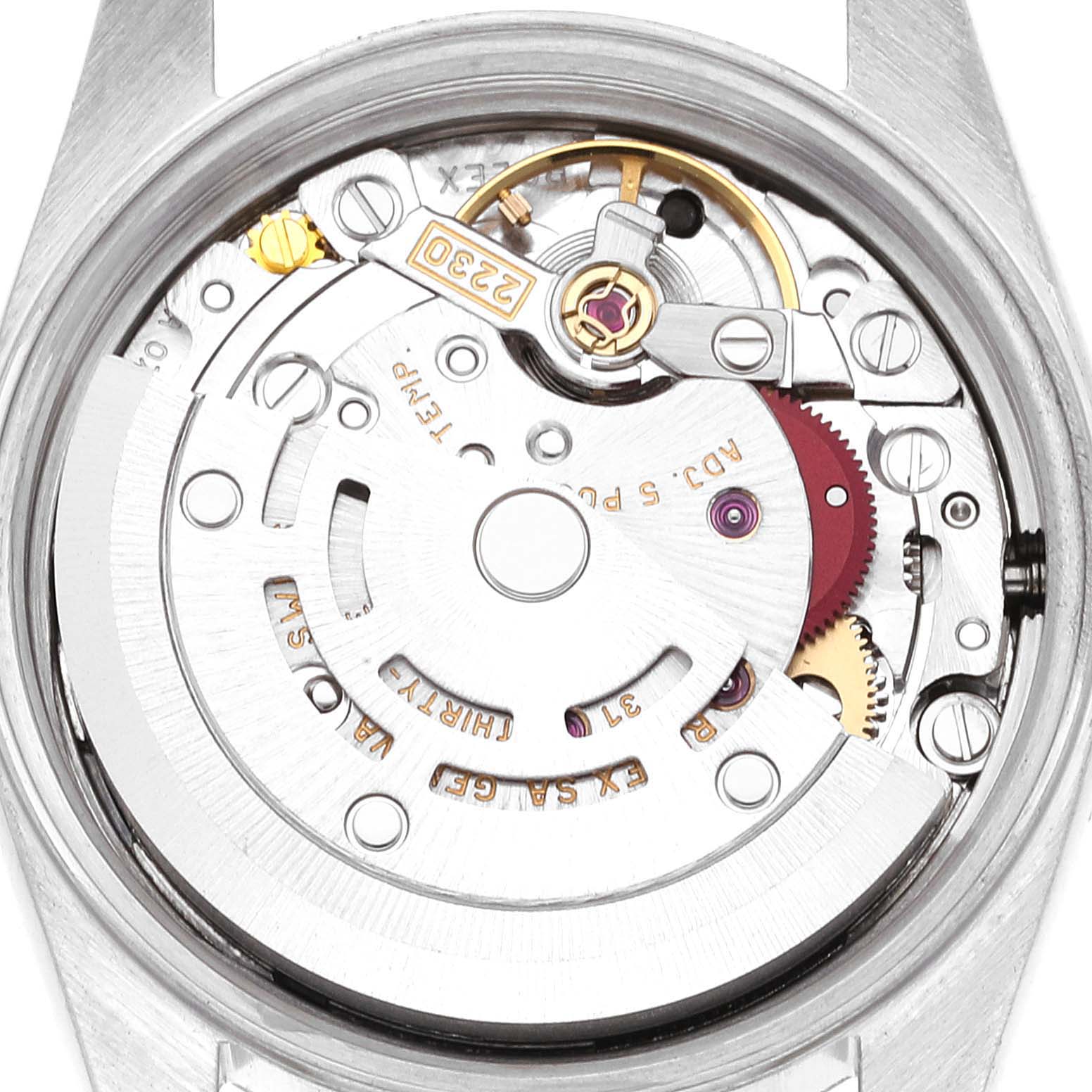 The image shows the inner mechanism of the Rolex Oyster Perpetual 76080 Women's Stainless Steel Black Dial 76080 Women's Stainless Steel Black Dial watch, viewed from the back.