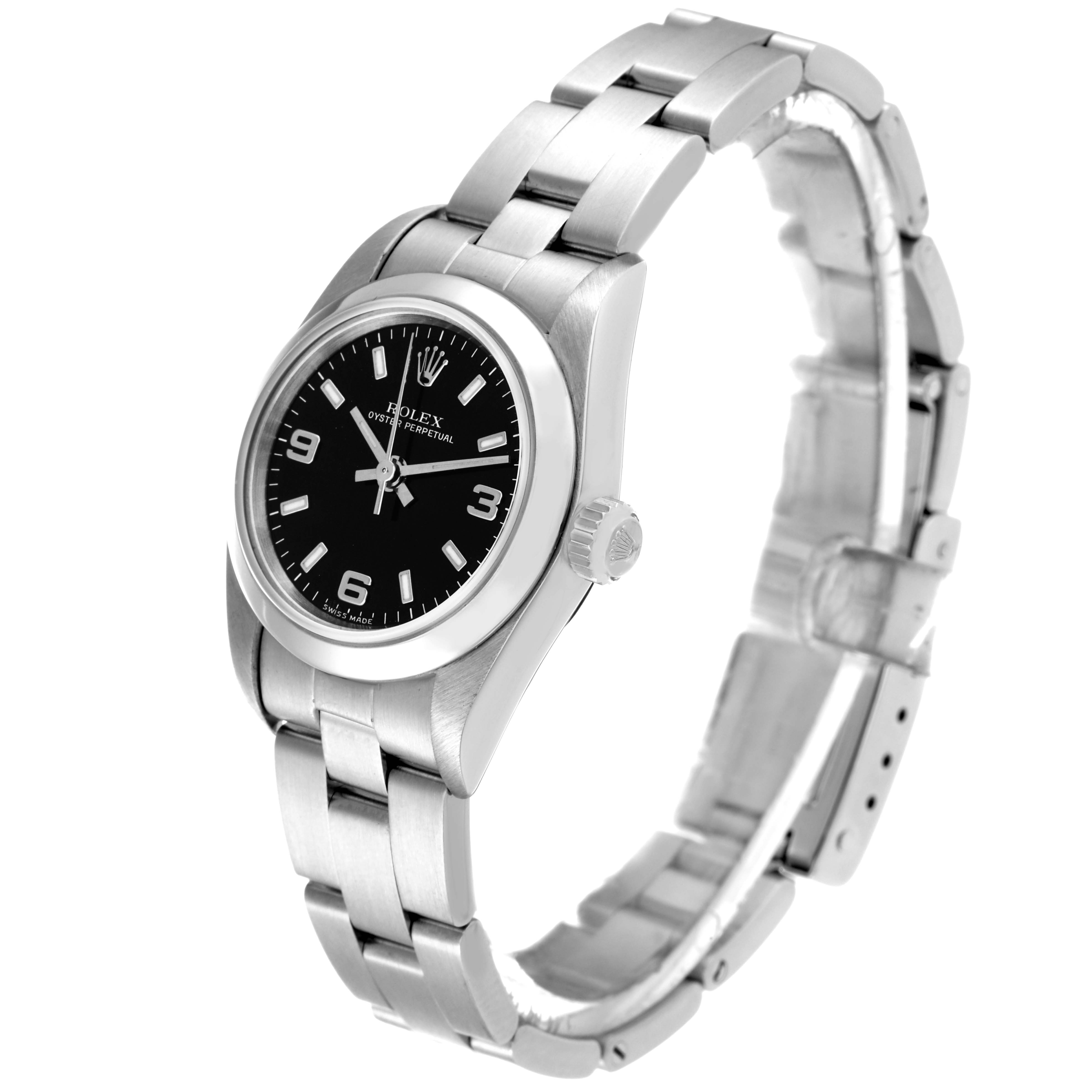 This Rolex Oyster Perpetual 76080 Women's Stainless Steel Black Dial 76080 Women's Stainless Steel Black Dial watch is shown at a three-quarter angle, displaying its face, crown, and bracelet.