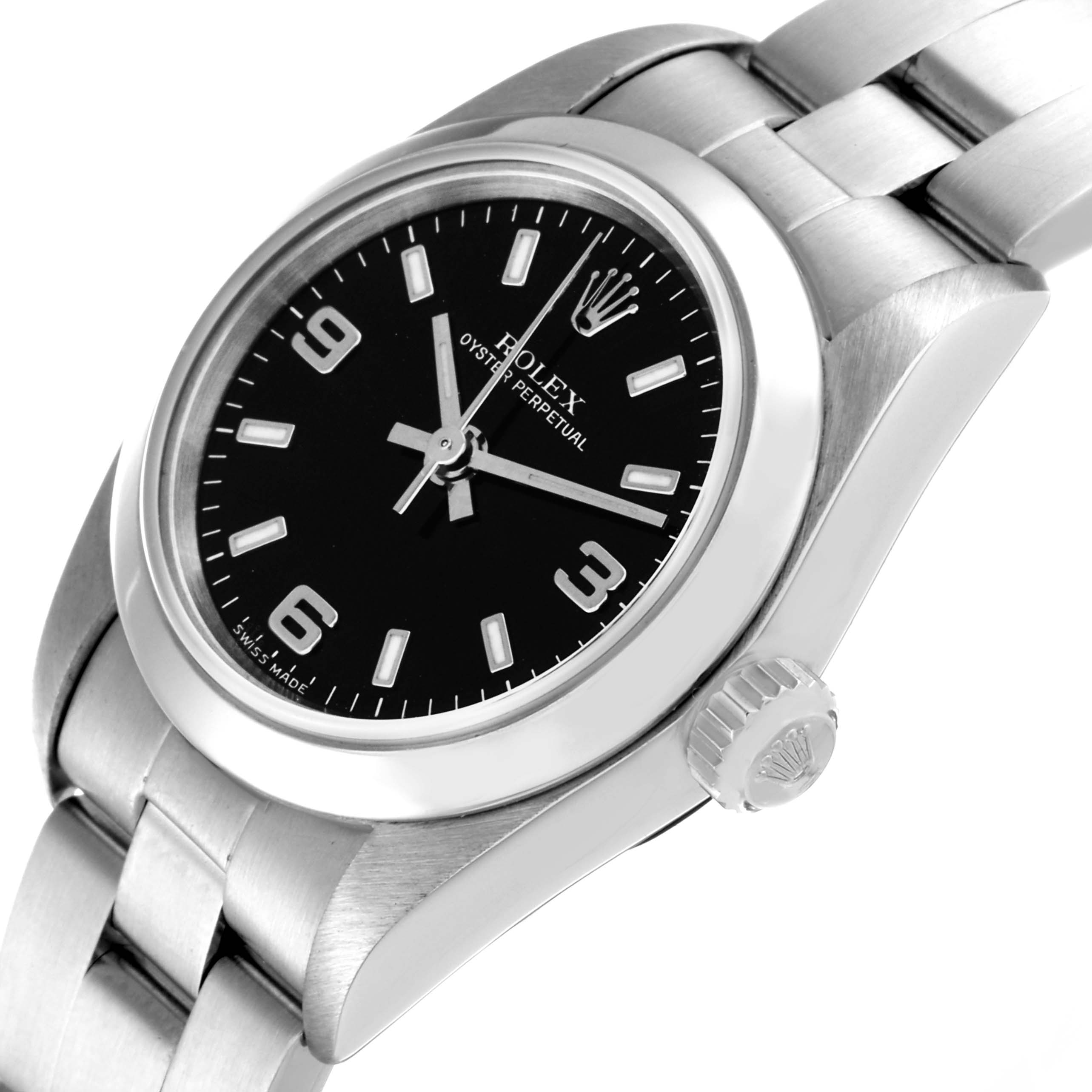 This Rolex Oyster Perpetual 76080 Women's Stainless Steel Black Dial 76080 Women's Stainless Steel Black Dial watch is shown at a tilted angle, highlighting the black dial, crown, and part of the bracelet.