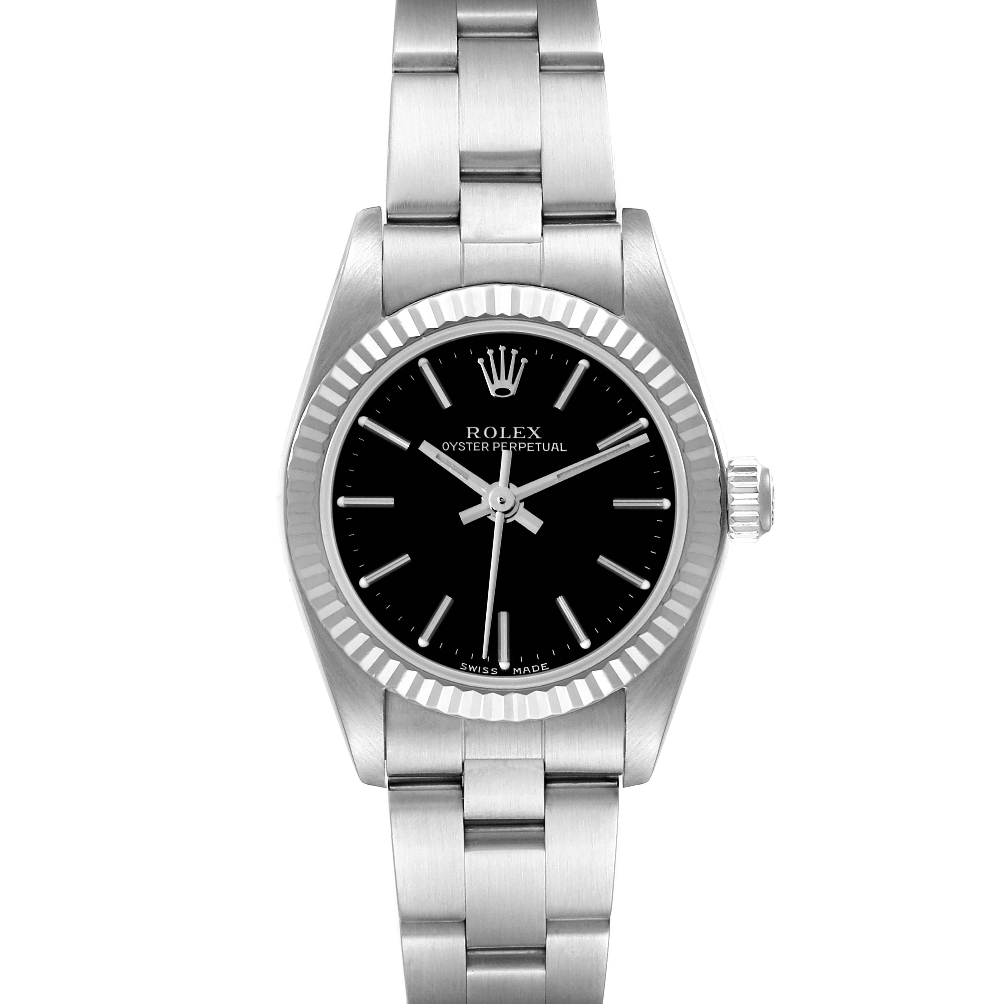 The image shows a frontal view of a Rolex Oyster Perpetual 76094 Women
s Stainless Steel Black Dial 76094 Women
s Stainless Steel Black Dial watch, highlighting its black dial, bezel, and stainless steel bracelet.