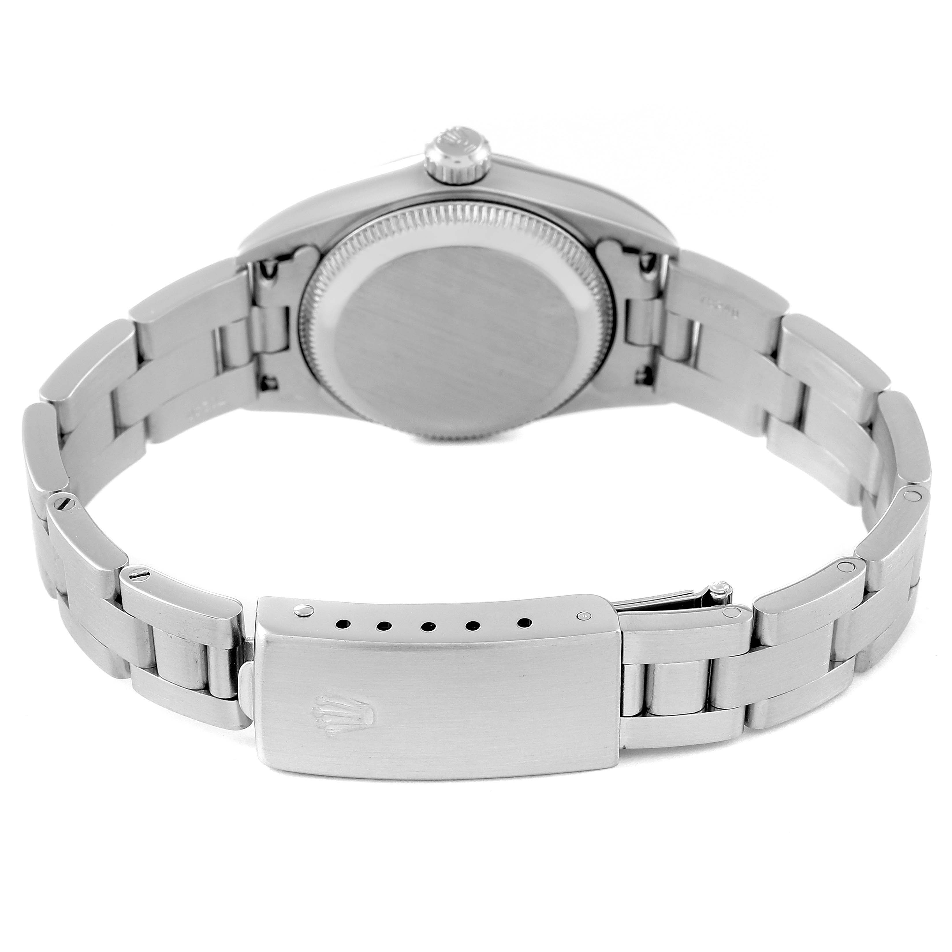 The image shows the back view of a Rolex Oyster Perpetual 76094 Women
s Stainless Steel Black Dial 76094 Women
s Stainless Steel Black Dial watch, highlighting its bracelet, clasp, and caseback.