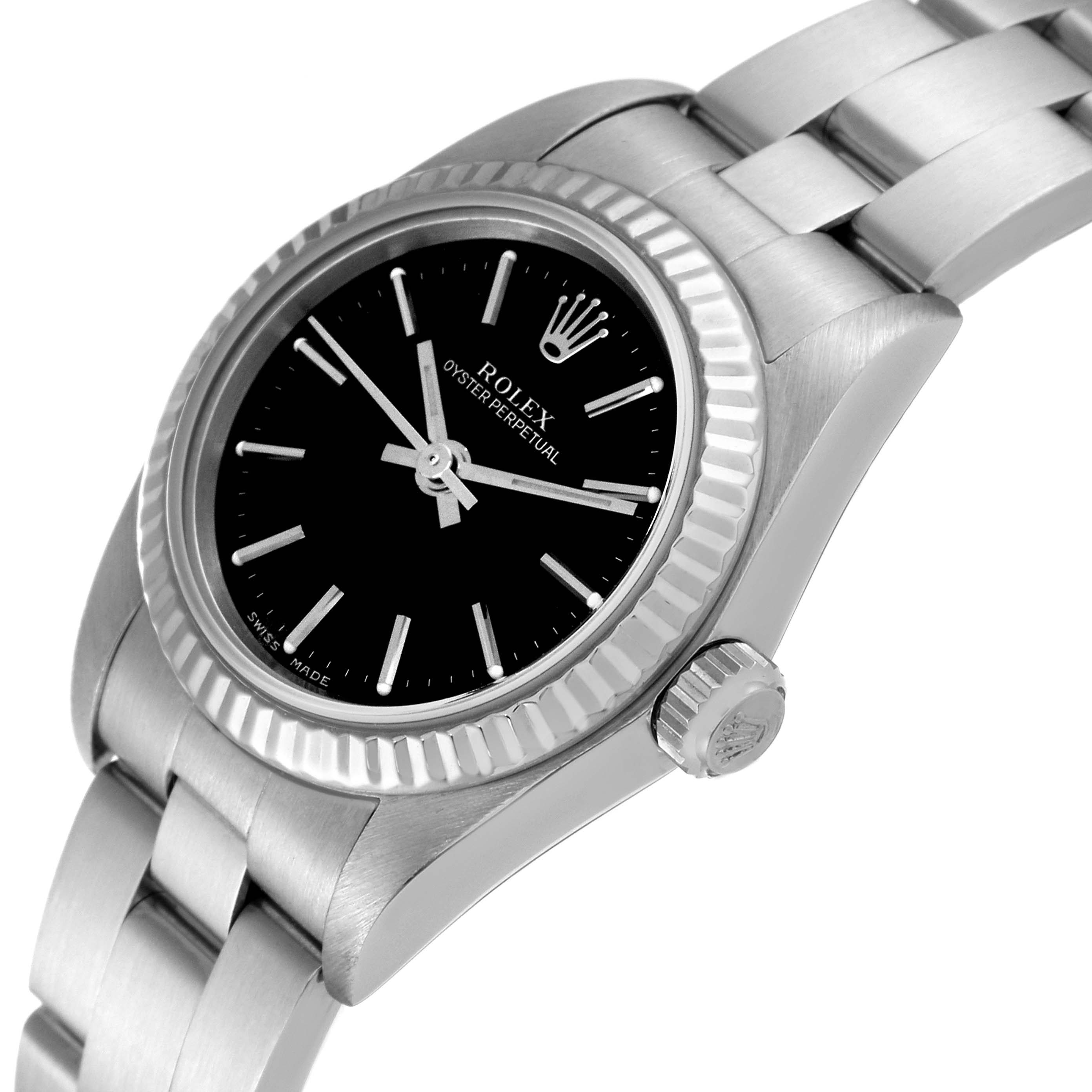 This image shows a close-up, angled view of the Rolex Oyster Perpetual 76094 Women
s Stainless Steel Black Dial 76094 Women
s Stainless Steel Black Dial watch, highlighting the dial, bezel, crown, and part of the bracelet.