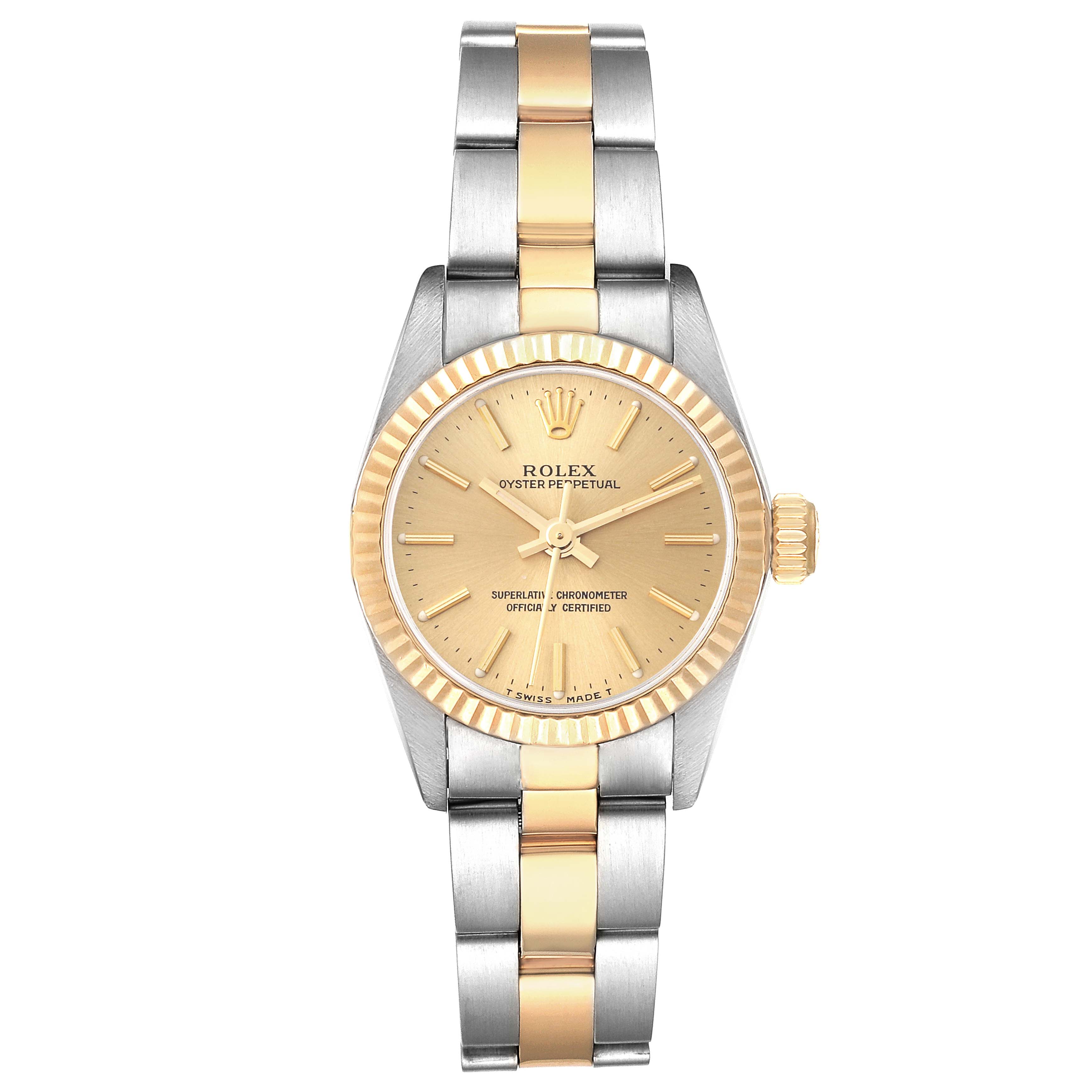 The image shows a front view of a Rolex Oyster Perpetual 67193 Women's Steel and Gold (two tone) Champagne Dial 67193 Women's Steel and Gold (two tone) Champagne Dial watch with a two-tone strap and gold dial.