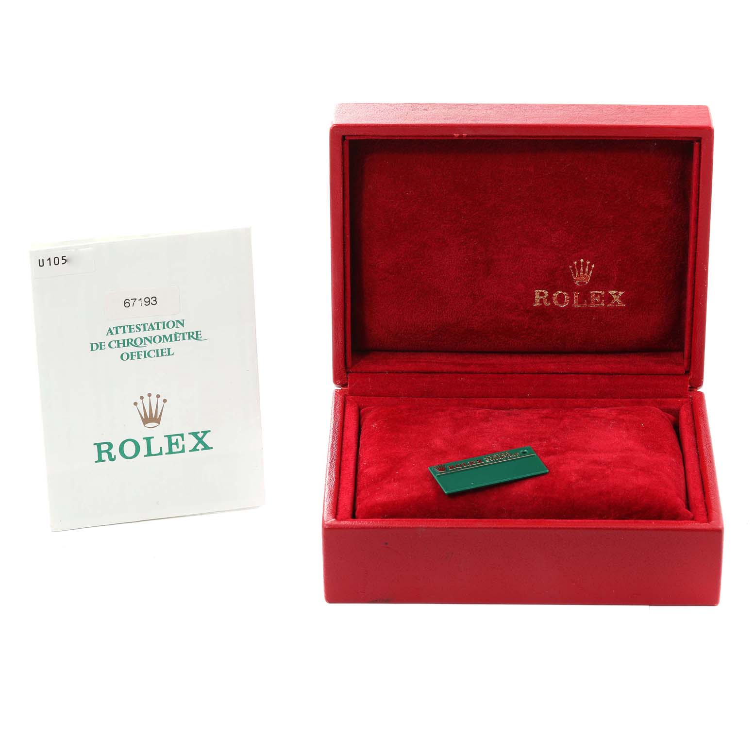 This image shows the packaging of a Rolex Oyster Perpetual 67193 Women's Steel and Gold (two tone) Champagne Dial 67193 Women's Steel and Gold (two tone) Champagne Dial, including an open red box with documents and a green tag.