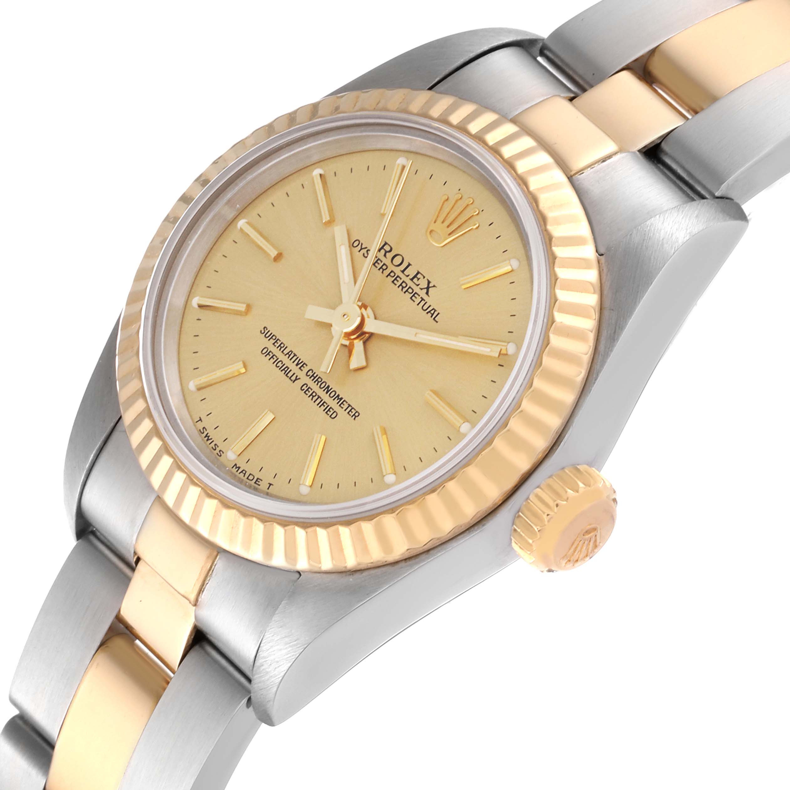 The image shows a close-up of the Rolex Oyster Perpetual 67193 Women's Steel and Gold (two tone) Champagne Dial 67193 Women's Steel and Gold (two tone) Champagne Dial watch, highlighting the dial, bezel, and part of the bracelet.