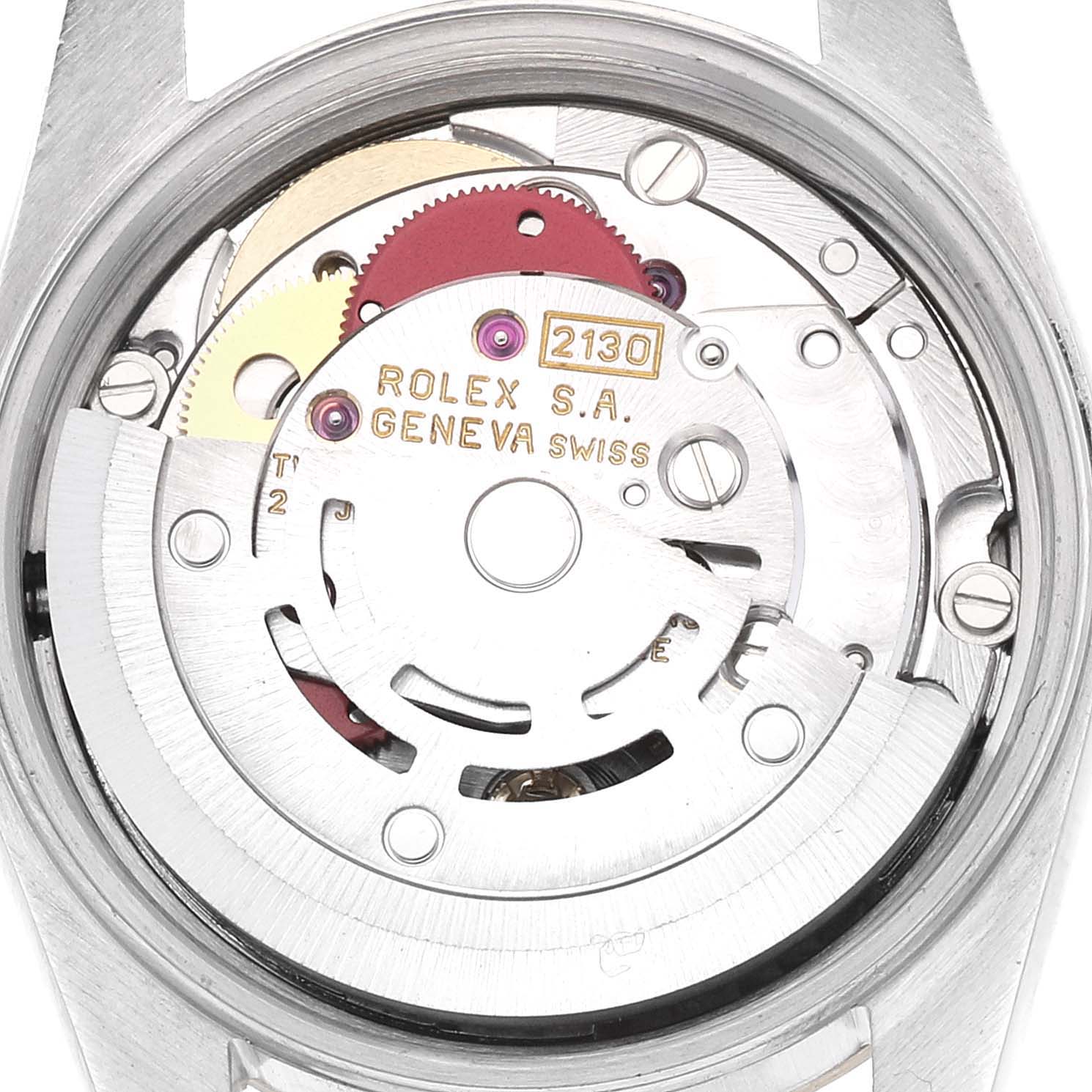 This image shows the movement mechanism of a Rolex Oyster Perpetual 67193 Women's Steel and Gold (two tone) Champagne Dial 67193 Women's Steel and Gold (two tone) Champagne Dial watch from a top-down angle.