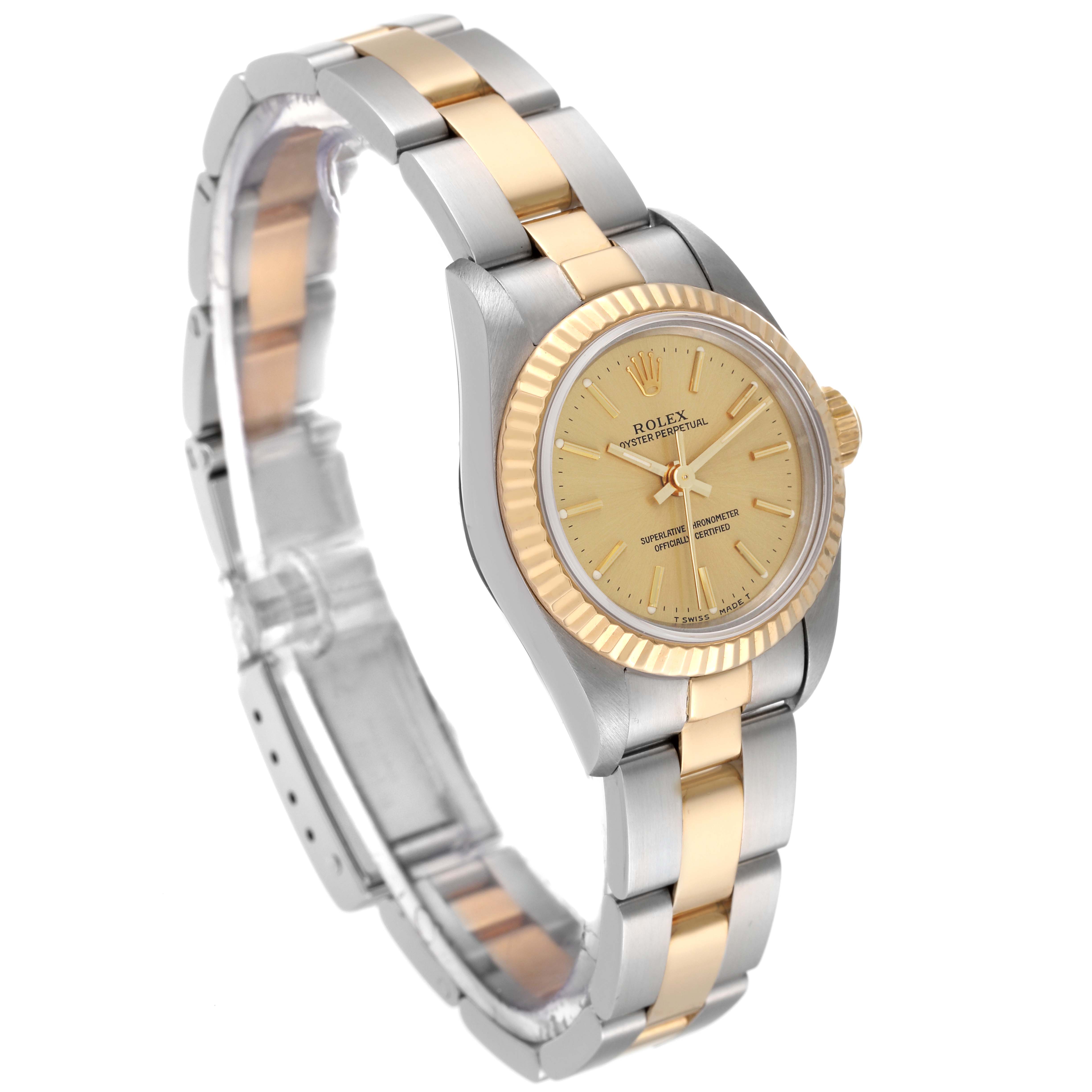 The image shows a side-angle view of a Rolex Oyster Perpetual 67193 Women's Steel and Gold (two tone) Champagne Dial 67193 Women's Steel and Gold (two tone) Champagne Dial watch, highlighting its two-tone bracelet and gold dial.