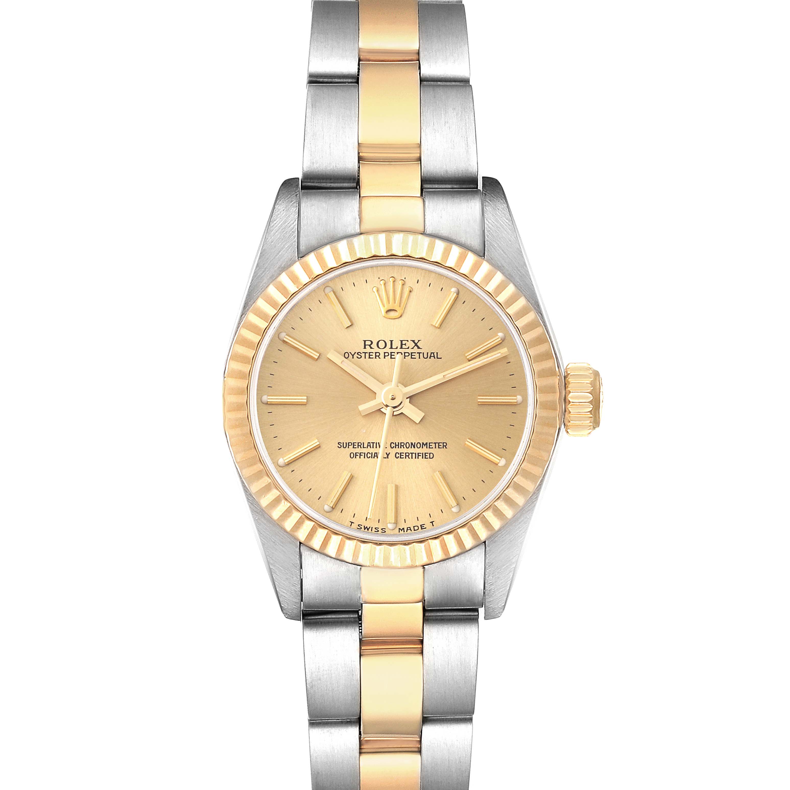 The image shows a front view of a Rolex Oyster Perpetual 67193 Women's Steel and Gold (two tone) Champagne Dial 67193 Women's Steel and Gold (two tone) Champagne Dial watch, highlighting its dial, bezel, and bracelet.